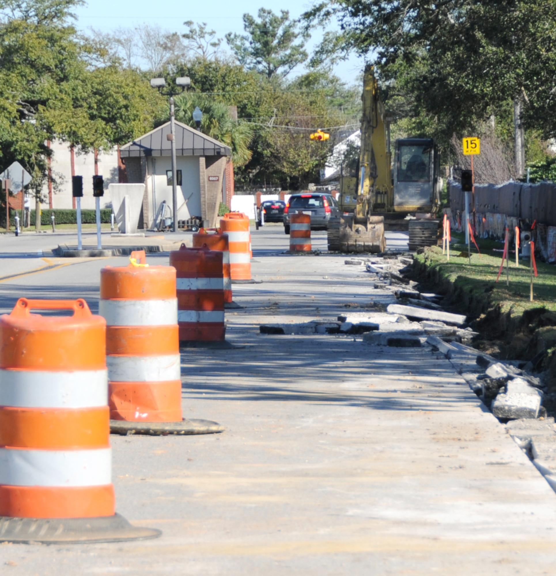 The Meadows Avenue Gate’s south exit lane is closed for about four more weeks for security upgrades.  This project, which will eventually include the White Avenue and Pass Road gates, involves demolition of existing curb work and placement of new curbs, relocating and replacing existing pop-up barriers, and additional signage, traffic control lights and other heightened security measures.  Traffic, one or two lanes, may have to be rerouted at times.  Motorists are encouraged to take other exit routes.  (U.S. Air Force photo by Kemberly Groue)