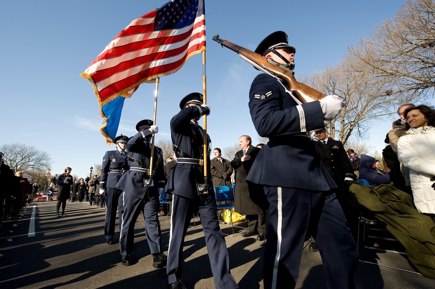 (From Right) Airman 1st Class Joshua Welter, Senior Airman Herman Bowser, Staff Sgt. James Norton and Airman 1st Class Stacey Enger from the Dover AFB Honor Guard present the colors during the inauguration ceremony for Gov. Jack Markell at Legislative Hall Jan. 21.    (U.S. Air Force photo/Jason Minto)