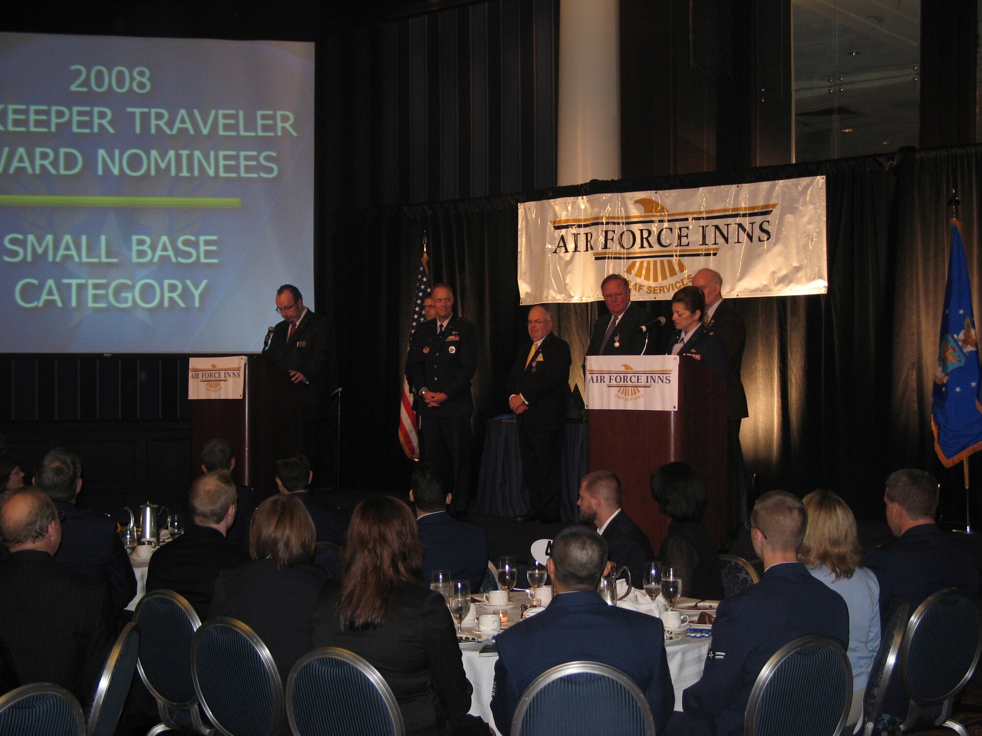 The annual Air Force Innkeeper Awards, November 2008, at the International Hotel/Motel Restaurant Show, New York City, NY. Featured presenters from left to right, Lt. Gen. Richard Newton, Deputy Chief of Staff for Manpower and Personnel, Headquarters U.S. Air Force, Washington, D.C., Joseph McInerney, president and chief executive officer of the American Hotel & Lodging Association, Joseph Spinnato, president and CEO of the Hotel Association of New York City, Inc., and Art Myers, Air Force Services director. (Photo courtesy of Military Club & Hospitality)