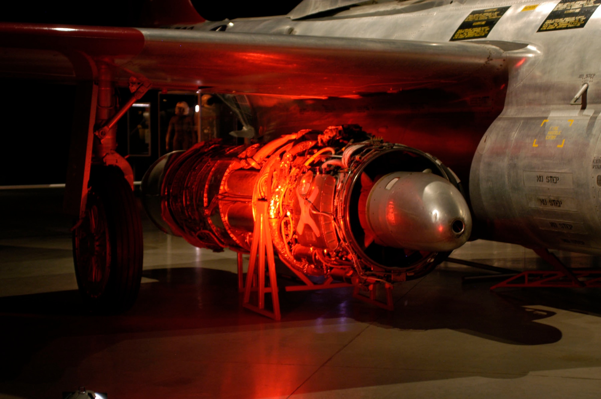 DAYTON, Ohio - The Allison J35-A-35A Turbojet engine on display beneath the F-89J in the Cold War Gallery at the National Museum of the U.S. Air Force. (U.S. Air Force photo)