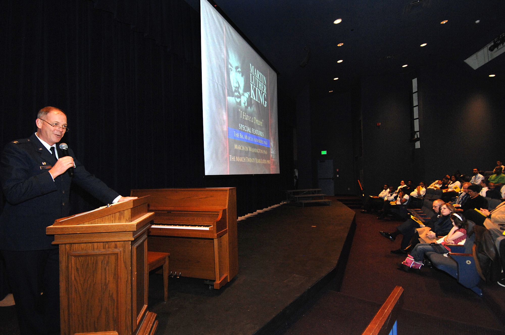 MINOT, N.D. -- Col. Joel Westa, 5th Bomb Wing commander, speaks during the sixth annual celebration of Martin Luther King Jr.'s life achievements at Minot State University’s Aleshire Theater here Jan. 19. The celebration was even more significant in 2009 because the principles MLK stood for were realized with the election of President Barack Obama. (U.S. Air Force photo by Senior Airman Kelly Timney)