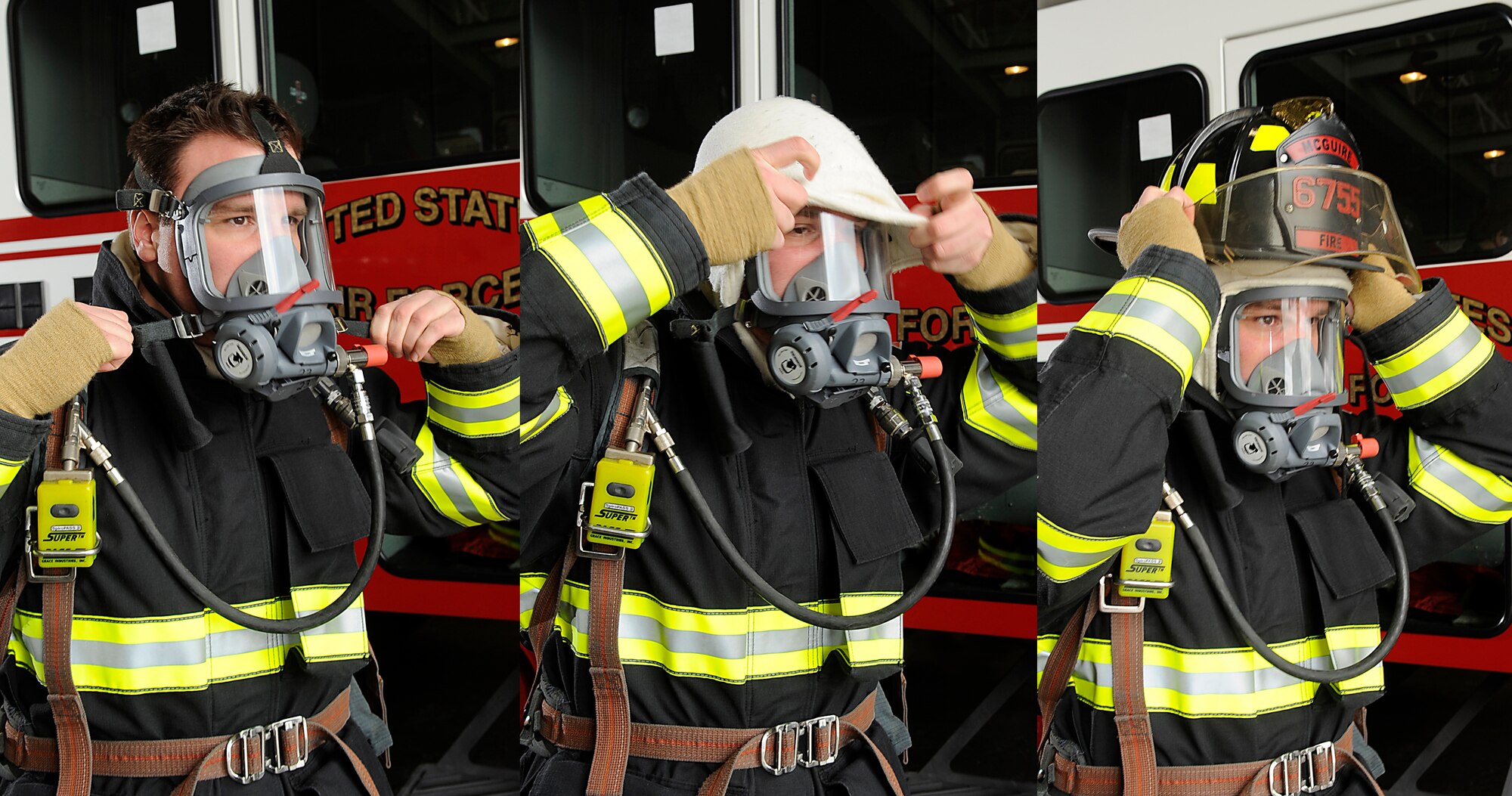 Senior Airman Jonathan Webb, 305th Civil Engineer Squadron driver/operator, puts on a breathable air mask and tightens the straps to create a seal to keep out smoke and poisonous gas. He then puts on a Nomex fire resistant hood to protect his neck and ears from heat and fire. The last step is to put on the fire helmet, which protects the head from injury. (U.S. Air Force photos/Carlos Cintron)