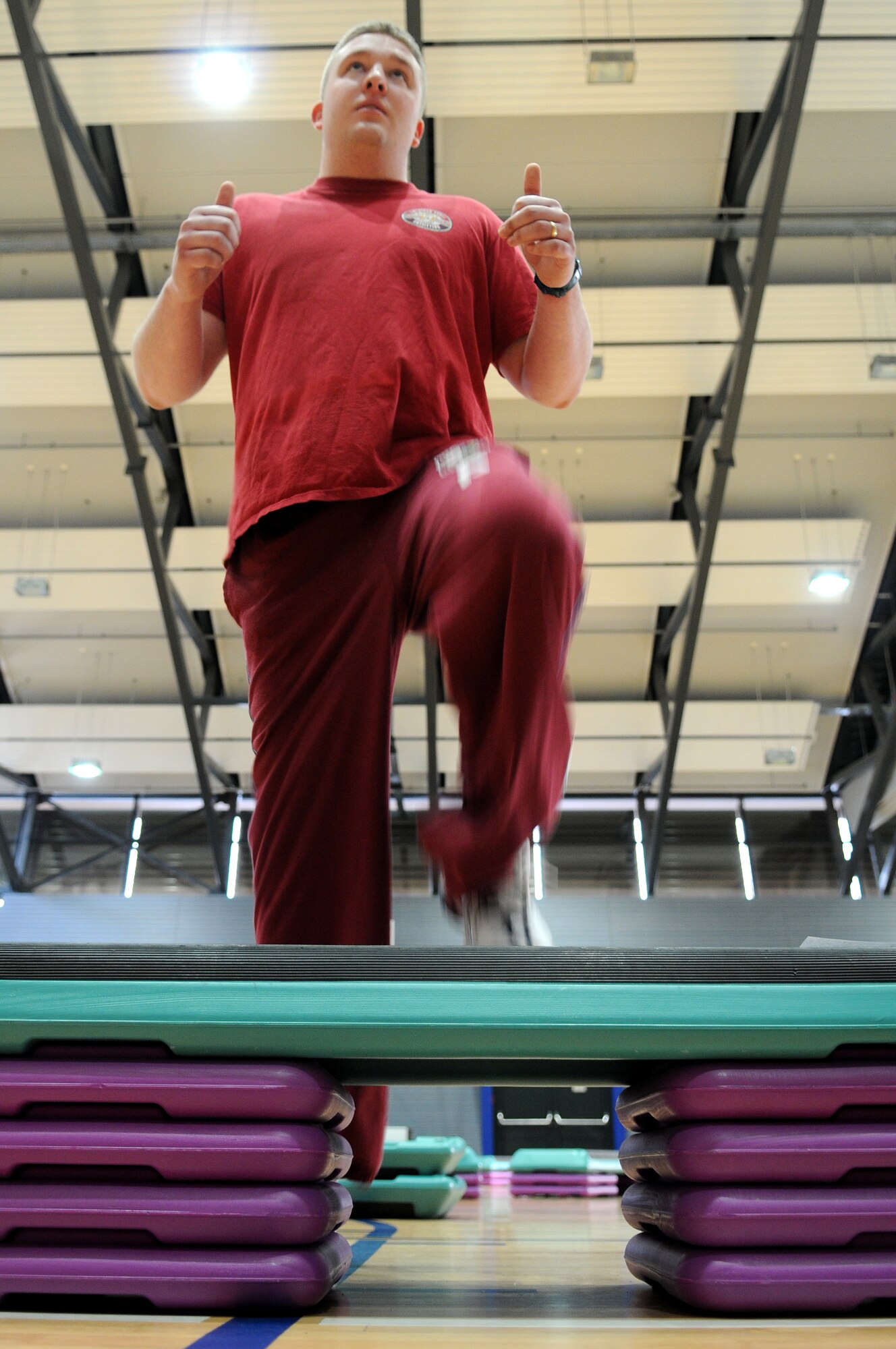 Airman 1st Class Scott Saldukas, 435th Air Base Wing Public Affairs journalist, takes the three-minute step test Jan. 17, 2009, at Ramstein Air Base. The test was part of the weigh-ins for the Biggest Loser Contest held by the 435th Services Squadron. (U.S. Air Force photo by Airman 1st Class Grovert Fuentes-Contreras)