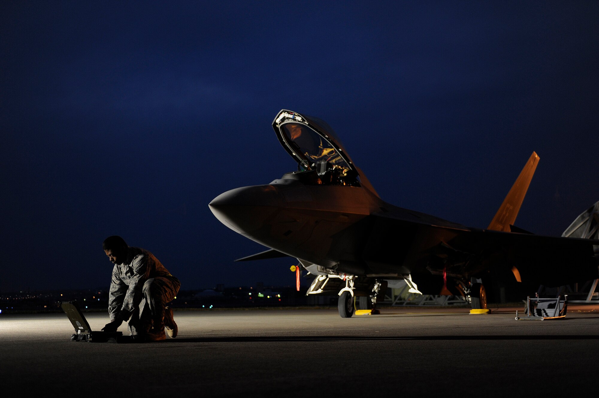 U.S. Air Force Airman 1st Class Aaron Tate inputs data into his portable maintenance aide in front of his F-22A Raptor 21, 2009 at Kadena Air Base, Japan. Airman 1st Class Aaron Tate is deployed from the 27th Fighter Squadron Langley Air Force Base, Va. (U.S. Air Force photo by Master Sgt. Andy Dunaway) (Released)
