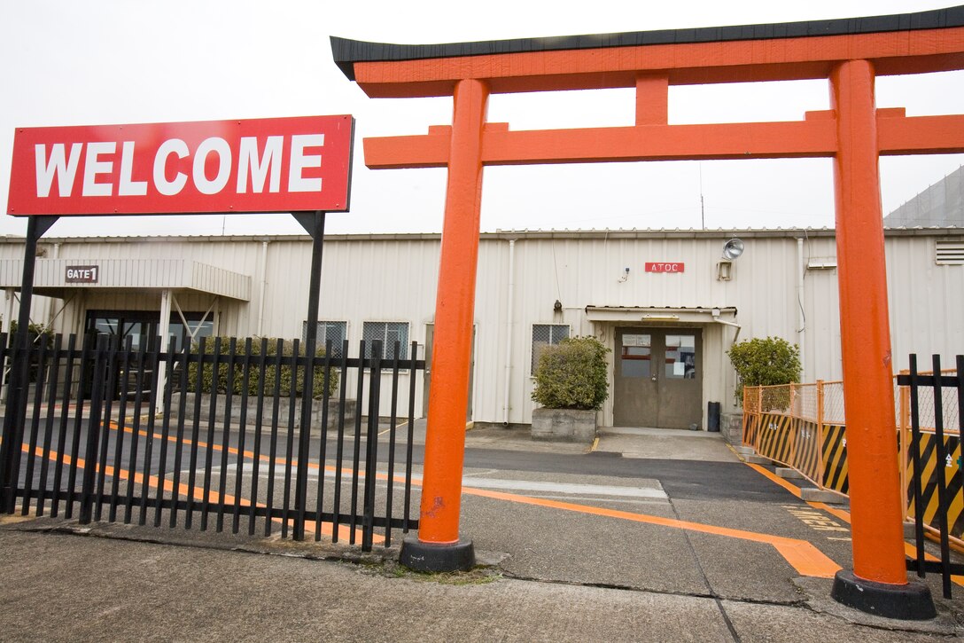 The torii behind the station air terminal welcomes those who pass through it to Iwakuni. On April 2, the torii will welcome back the Patriot Express and its service to Iwakuni.