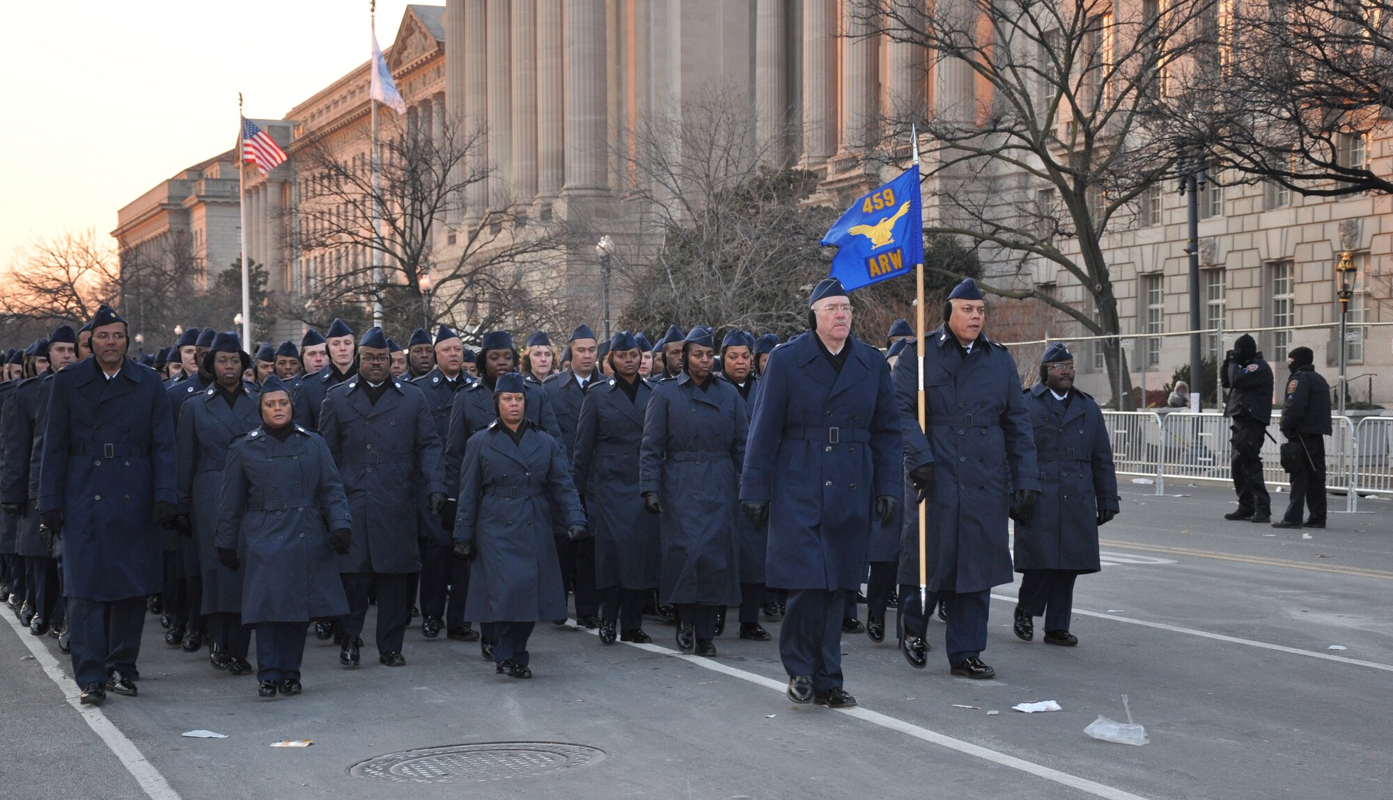 WASHINGTON -- Lt. Col. Michael Laughton, 459th Air Refueling Wing executive officer, and guidon Tech. Sgt. Edward Lindsey, 756th Air Refueling Squadron, lead the 90-member all-volunteer troop that braved freezing temperatures and marched into history to celebrate the inauguration of Barack Obama, the first black President of the United States Jan. 20.  (U.S. Air Force photo/Tech. Sgt. Amaani Lyle)