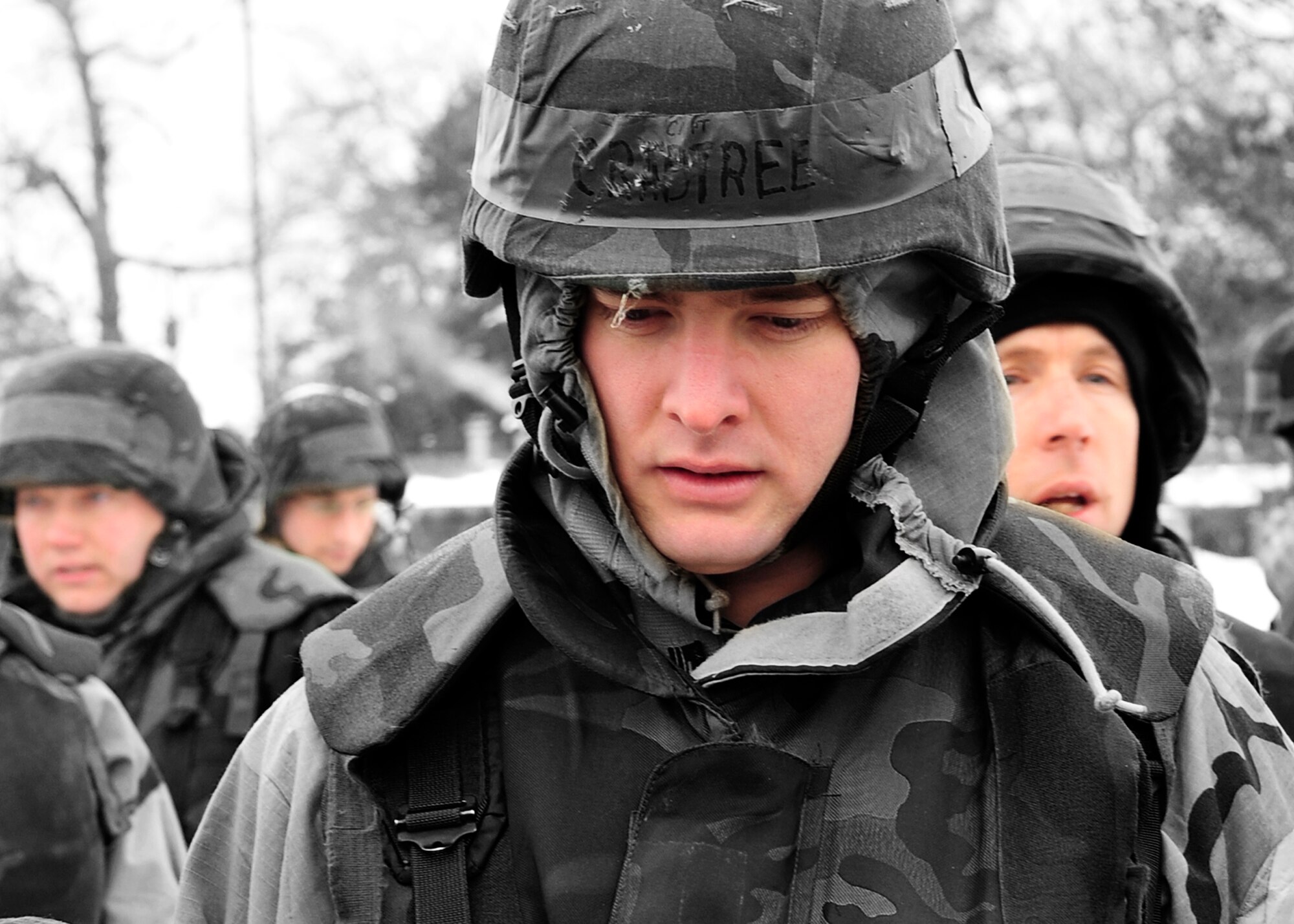 ALPENA, Mich. – Capt. Donald Crabtree, 92nd Civil Engineer Squadron officer, contemplates the moment during a training exercise in Alpena, Mich., Jan. 14. The exercise was meant to prepare Airmen from Fairchild Air Force Base, Wash., from both the 92nd and 141st Air Refueling Wings, for their upcoming Operational Readiness Inspection in March.  (U.S. Air Force photo illustration / Senior Airman Joshua Chapman)