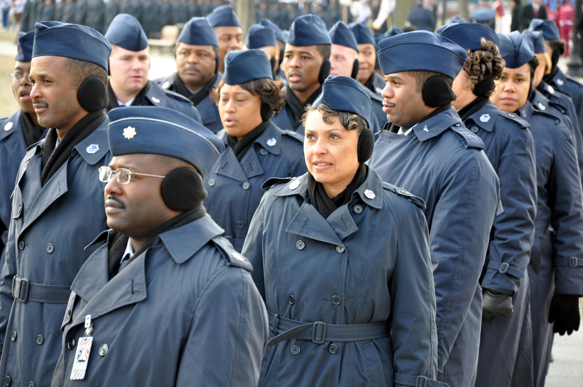 WASHINGTON -- Master Sgt. Crystal Smith, 459th Air Refueling Wing chaplain's assistant, waits with fellow wing members moments before marching in the Presidential Inaugural parade Jan. 20. The 90-member all-volunteer formation braved freezing temperatures and marched into history to celebrate the inauguration of Barack Obama, the first black President of the United States.  (U.S. Air Force photo/Tech. Sgt. Amaani Lyle)