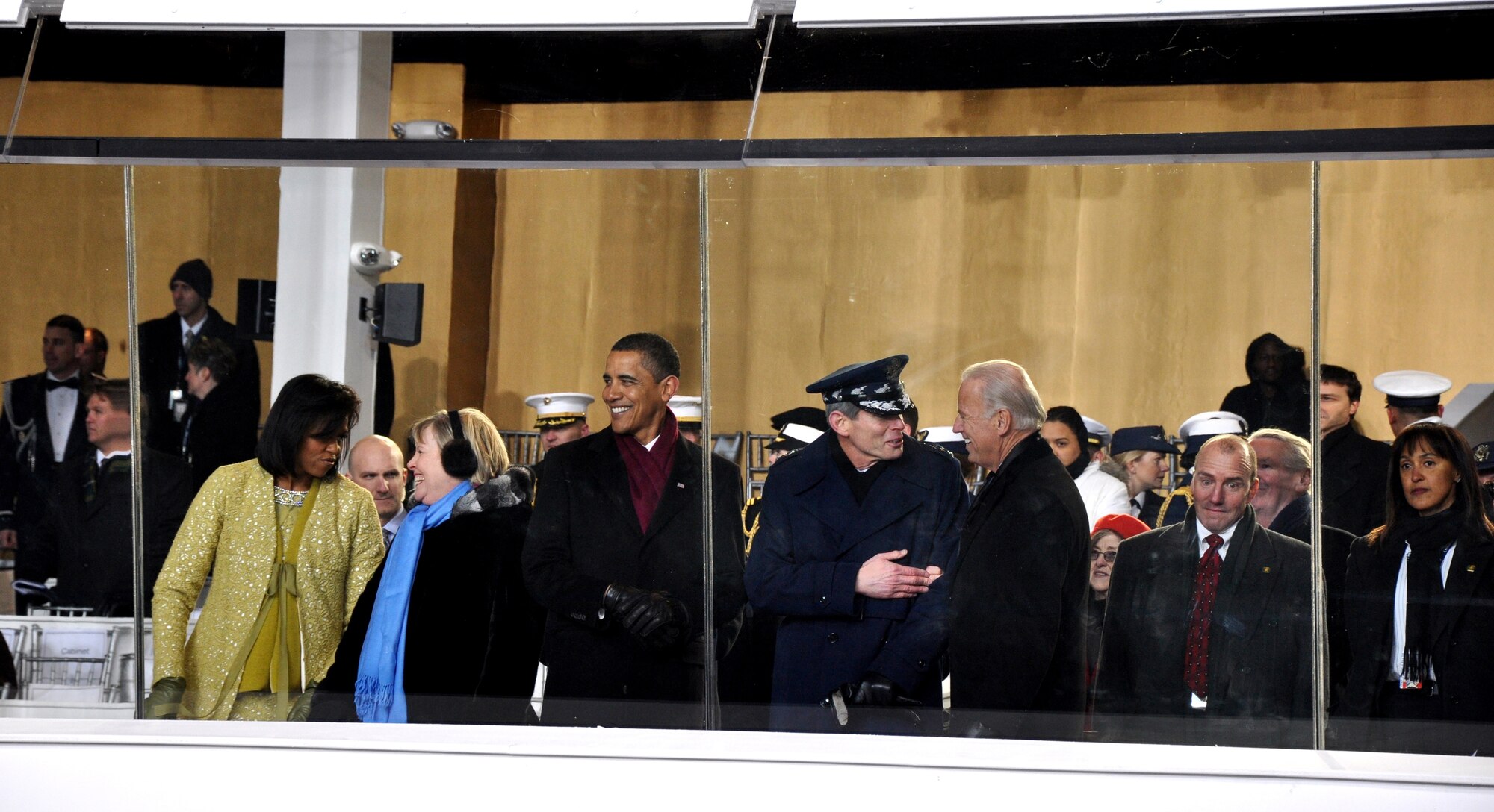 WASHINGTON -- (Center) From the Presidential reviewing stand, President Barack Obama smiles as the 459th Air Refueling Wing executes "eyes left" to their new commander in chief. Air Force Chief of Staff Gen. Norton A. Schwartz was among many military members present to observe the Inaugural Parade Jan. 20.  (U.S. Air Force photo/Tech. Sgt. Amaani Lyle)