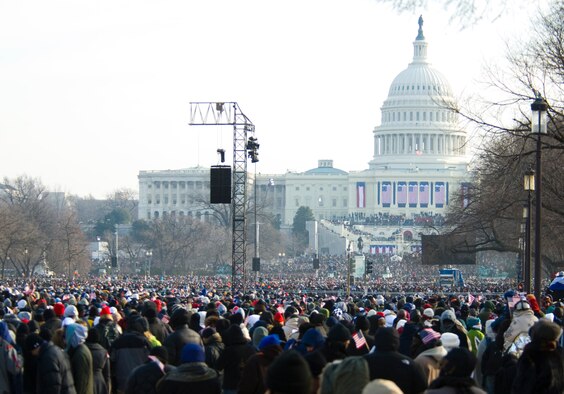 Despite temperatures in the teens, nearly two million people attended the inauguration of President Barack Obama at the U.S. Capitol on Tuesday. Attendees watched the inauguration on jumbo monitors along the National Mall between the Capitol and the Washington Monument. (Air Force photo by Scott Knuteson)