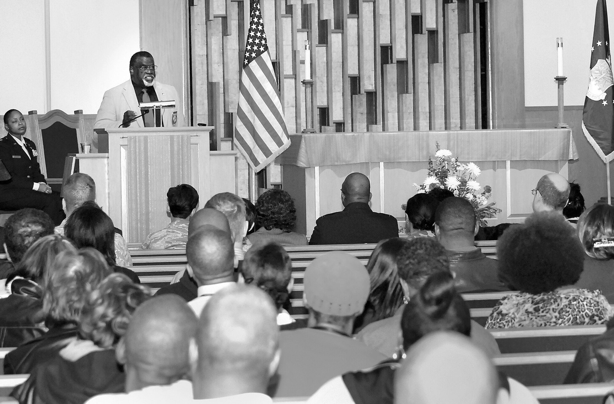During Tinker’s Martin Luther King Jr. Day Celebration, held Jan. 16 at the Base Chapel, Augustus Mays shared how the dream changed the nation. The dream is what Thomas Jefferson, third president, and his editors put into the Declaration of Independence, “We hold these truths to be self-evident, that all men are created equal, that they are endowed by their Creator with certain inalienable Rights, that among these are Life, Liberty and the pursuit of Happiness.” 

Mr. Mays said that the United States has come a long way since Dr. Martin Luther King Jr. made his “I Have a Dream” speech in 1963 at the Lincoln Memorial in Washington, D.C. In fact, another dream was realized Tuesday. The presidential inauguration more likely achieved non-discrimination in the political arena. But, that’s not to say all goals since Dr. King’s speech were realized; the United States still has a long way to go, Mr. Mays said. 

Capt. Coleitha Heffner handled the welcome and introductions, Staff Sgt. Roslyn Evans sang the National Anthem, Airman 1st Class Krystale Thomas performed “Our Deepest Fear,” Staff Sgt. Myre Huff introduced the guest speaker, Col. Allen Jamerson provided closing remarks and Staff Sergeant Ahmad Kennedy led the audience in “Lift Every Voice and Sing.”  (Air Force photo by Kelly White)  
