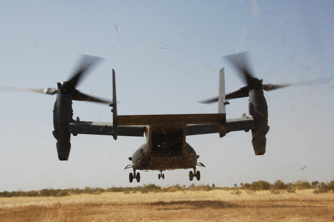 A CV-22 Osprey from the 8th Special Operations Squadron, Hurlburt Field, Fla., departs a landing zone during a joint training mission near Bamako, Mali, Nov. 12, 2008. Four Ospreys were in Africa supporting Exercise Flintlock, where they served as a training platform for Malian and Senegalese troops in conjunction with U.S. special operations forces and European partner nation military forces. (Photo by Sgt. Kieran Cuddihy)