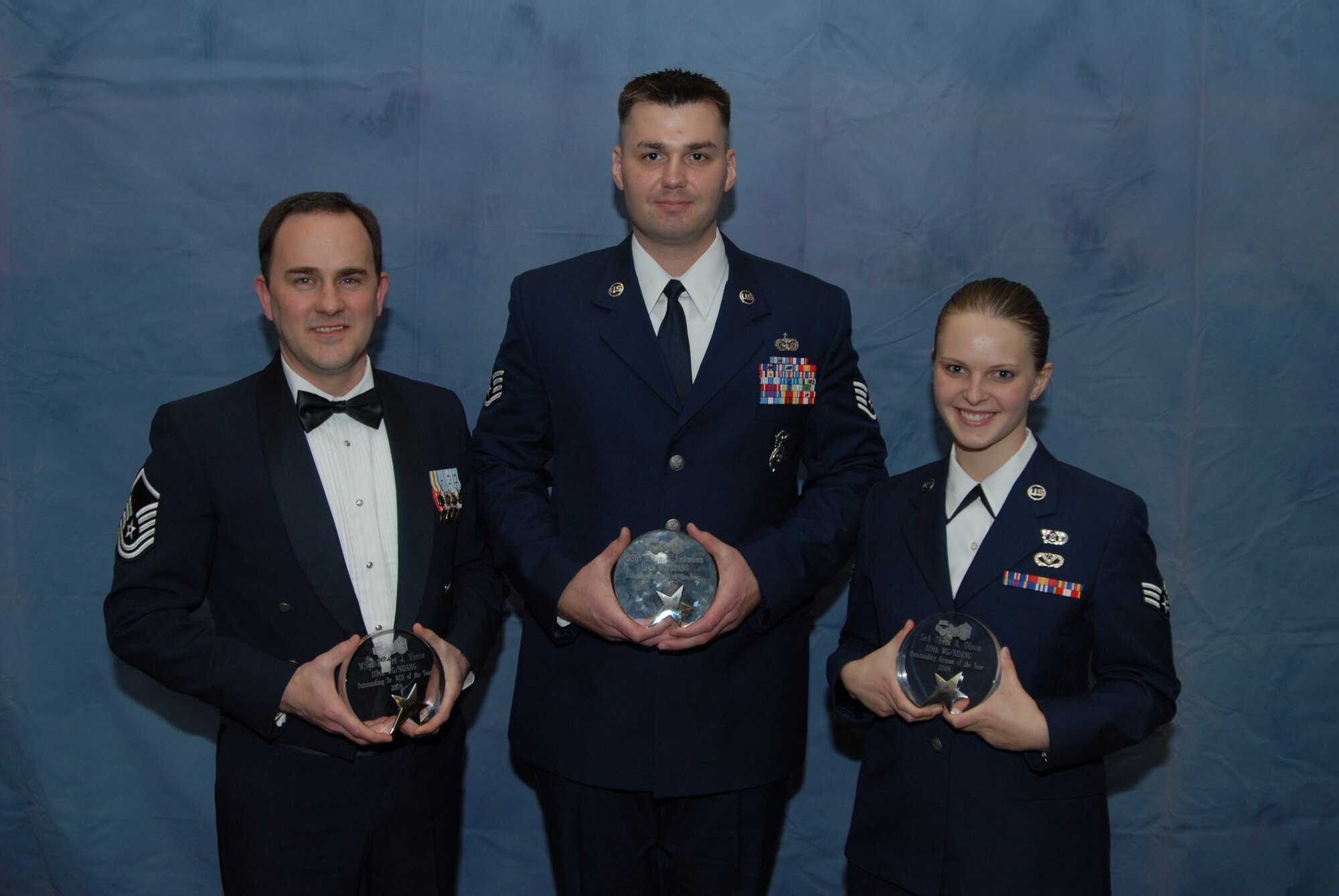 The 119th Wing conducts their 2008 Outstanding Airman of the Year banquet on Jan 17.  Master Sgt. Robert Vorce received the honor of 'Senior Non-Commissioned Officer of the Year."  Staff Sgt. Brian Erdmann received the honor of "Non-Commissioned Officer of the Year" and Senior Airman Theta Olson received the honor of "Airman of the Year."