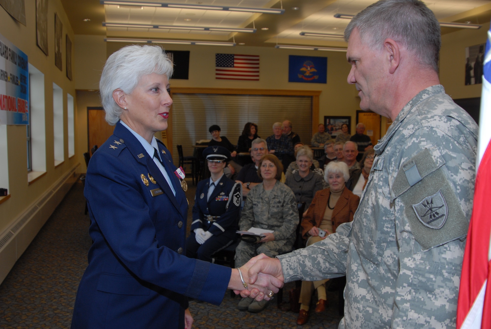 Maj.Gen. Terry L. Scherling retires after 30 years of service in the Air Force.  Scherling speaks at a retirement ceremony hosted by the 119th Wing, North Dakota Air National Guard.  The ceremony took place in the same room that she enlisted in 30 years ago when she joined the N.D. Air National Guard.