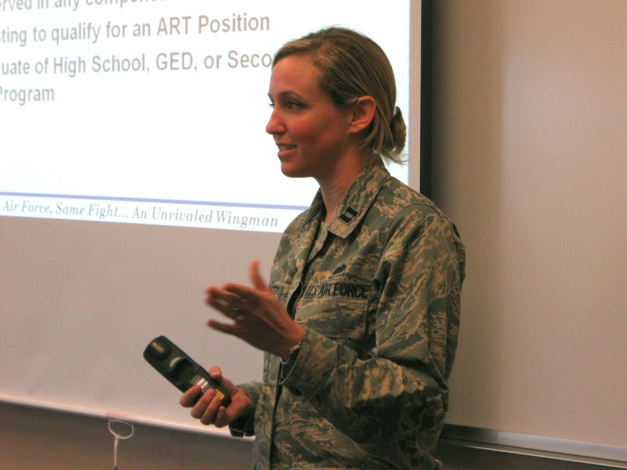 Capt. Alexis Kellett, 926th Military Personnel Flight chief, briefs new members of the 926th Group during in-processing Jan. 22. Captain Kellett was awarded Company Grade Officer of the Year for Tenth Air Force's 2008 Air Force A1 Awards on Jan. 14. She will go on to compete for CGO of the Year at the Air Force Reserve Command level.
