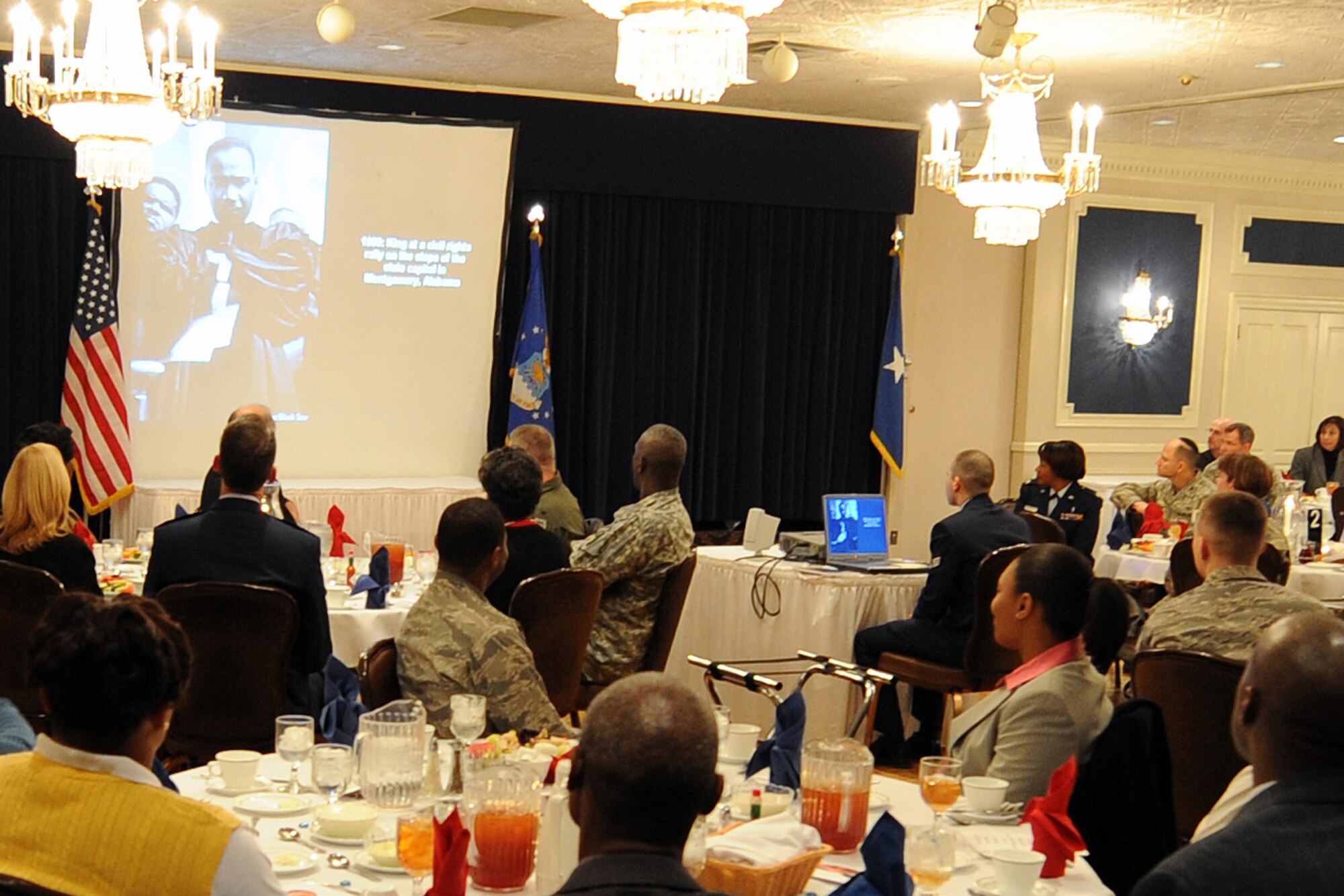 OFFUTT AIR FORCE BASE, Neb. -- Patrons at this year's Martin Luther King, Jr. Commemorative Luncheon were treated to a soul-food menu as they watched a touching slide show dedication to Martin Luther King, Jr. compiled by Chaplain (Capt.) Scott Nupson at the Patriot Club Jan. 16 Brig. Gen. (Ret) Toreaser A. Steele was the guest speaker and gave an insperational speach in honor of the late Martin Luther King, Jr.
