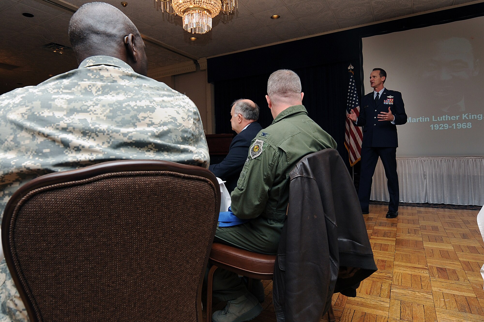 OFFUTT AIR FORCE BASE, Neb. -- Brig. Gen. James J. Jones, 55th Wing commander, addresses the attendees of this year's Martin Luther King, Jr. Commemorative Luncheon at the Patriot Club Jan. 16. The event's guest speaker was Big. Gen. (ret) Toreaser A. Steele who gave an inspirational speech in honor of Martin Luther King, Jr. Day. Guests were treated to soul-food menu and a slide show dedication to Martin Luther King, Jr. compiled by Chaplain (Capt.) Scott Nupson, 55th Wing Chapel.