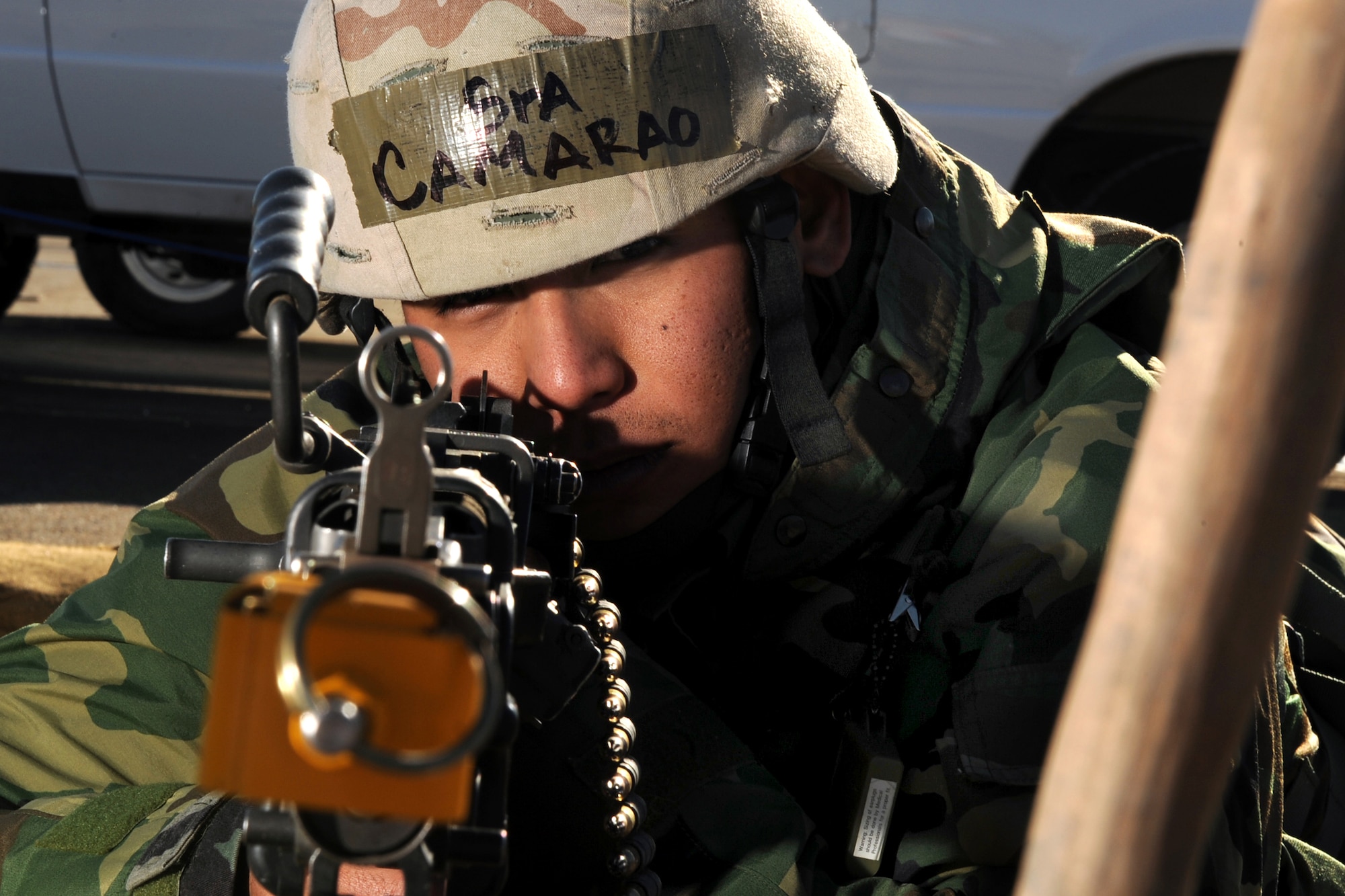 OFFUTT AIR FORCE BASE, Neb. --  Senior Airman Kaiponohea Camarao, 55th Security Forces Squadron, guards the entry control point with an M-249 machine gun in an overwatch bunker as part of an Operational Readiness Exercise Jan. 22.  Airmen from the 55th Security Forces Squadron gained invaluable mission experience during the three day exercise at a simulated remote base where they are given numerous scenarios they could face while deployed. The 55th Wing is in preparation for an Operational Readiness Inspection Sept. 10-16.

U.S. Air Force Photo by Josh Plueger