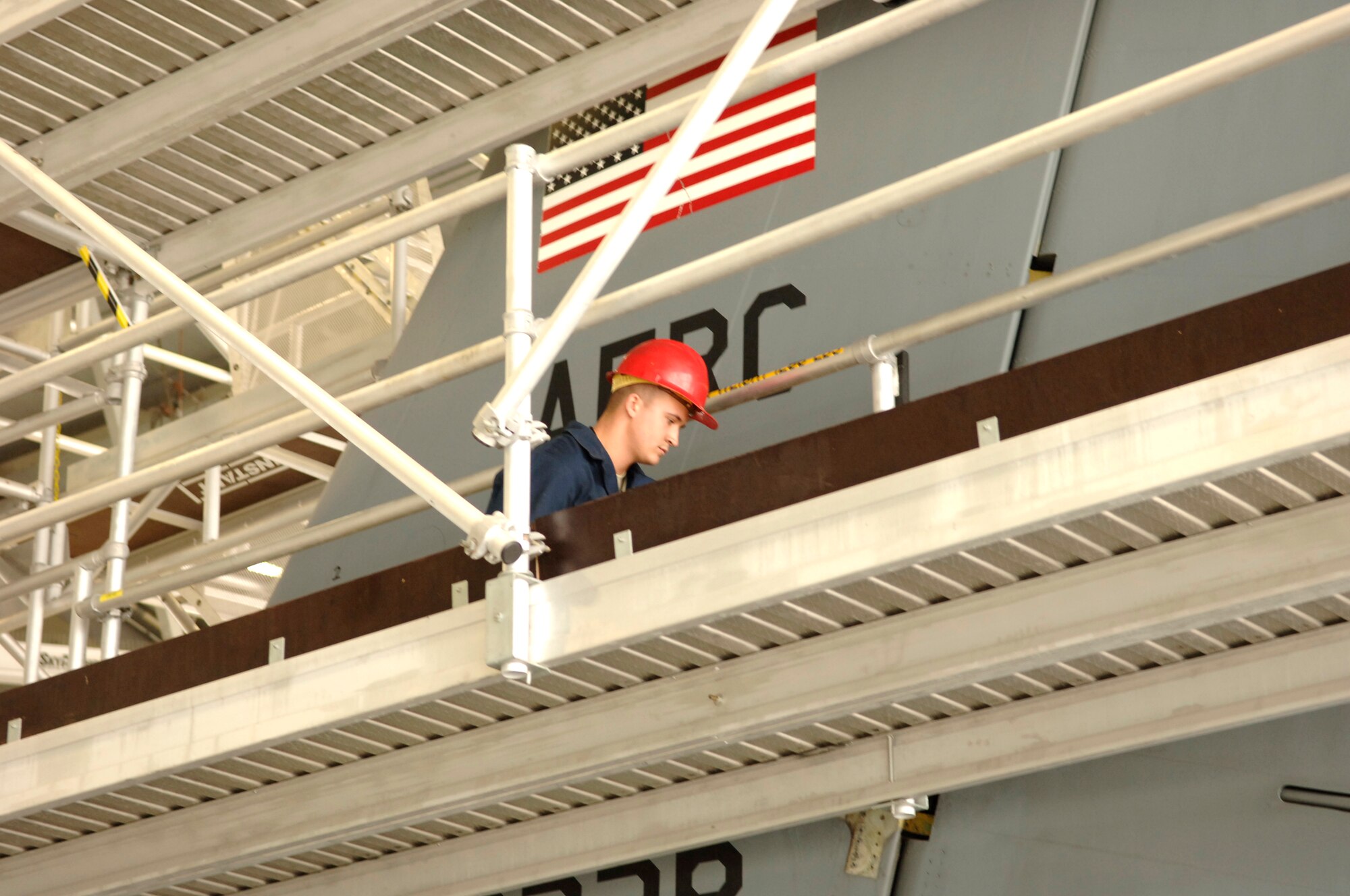 Airman Justin Glass, 6th Maintenance Squadron aerospace maintenance journeyman, inspects the rudder actuator on a KC 135 from the 459th Air Refueling Wing here Jan. 15. The rudder actuator is used to guide the plane. The KC 135 from the 459th ARW is here for a periodic inspection due to manning issues. The plane arrived at MacDill Jan. 8 and is in its final stages of inspection. It is the third plane from Andrews to be inspected by the men and women of the 6th Maintenance Group.