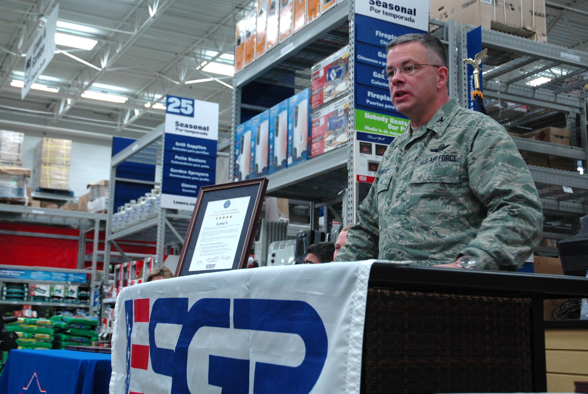 DOVER AIR FORCE BASE, Del. -- Col. Randal L. Bright, 512th Airlift Wing commander, spoke during a Employer Support of the Guard and Reserve event at Lowe's in Middletown, Del., Jan. 22. Those in attendence pledged the support of Lowe's to it's military members who work for the company. The 512th Airlift Wing has more than 1,800 reservists who come from 40 different states to serve in Delaware's only Air Force Reserve unit. (U.S. Air Force photo/Senior Airman Andria J. Allmond)