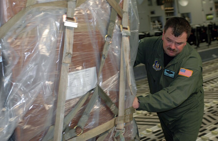 DOVER AIR FORCE BASE, Del. -- Master Sgt. Mike Folker, a loadmaster with the Air Force Reserve's 326th Airlift Squadron, unloads cargo from a C-17 Globemaster at the Managua International Airport, Nicarauga, Jan. 18. Approximately 18,000 pounds of cargo consisting of desks, chairs, file cabinets and books were delivered for use at a Nicaraugan university library as part of the Denton Program. The Denton Program is a Department of Defense transportation program that uses available military air, surface and sea-lift assets to deliver humanitarian cargo donated by charities or private donors. (U.S. Air Force photo/Capt. Marnee A.C. Losurdo)