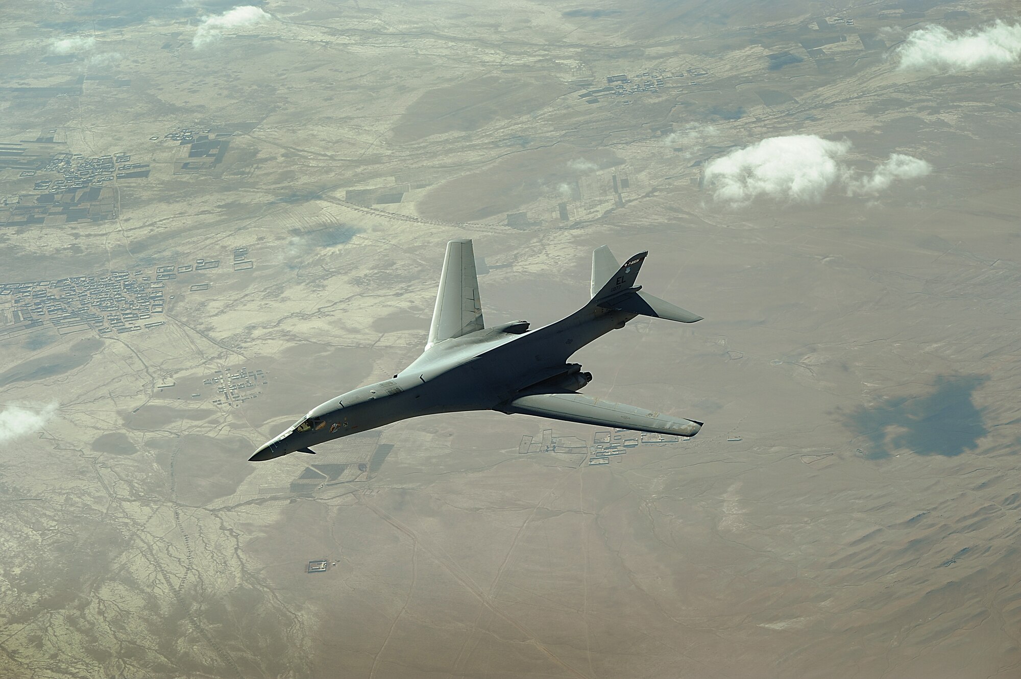 A B-1B Lancer flies a combat patrol mission over Afghanistan in support of Operation Enduring Freedom.  The B-1B is assigned to the 34th Expeditionary Squadron and provides close-air support in Southwest Asia. (U.S. Air Force photo/Staff Sgt. Aaron Allmon)  