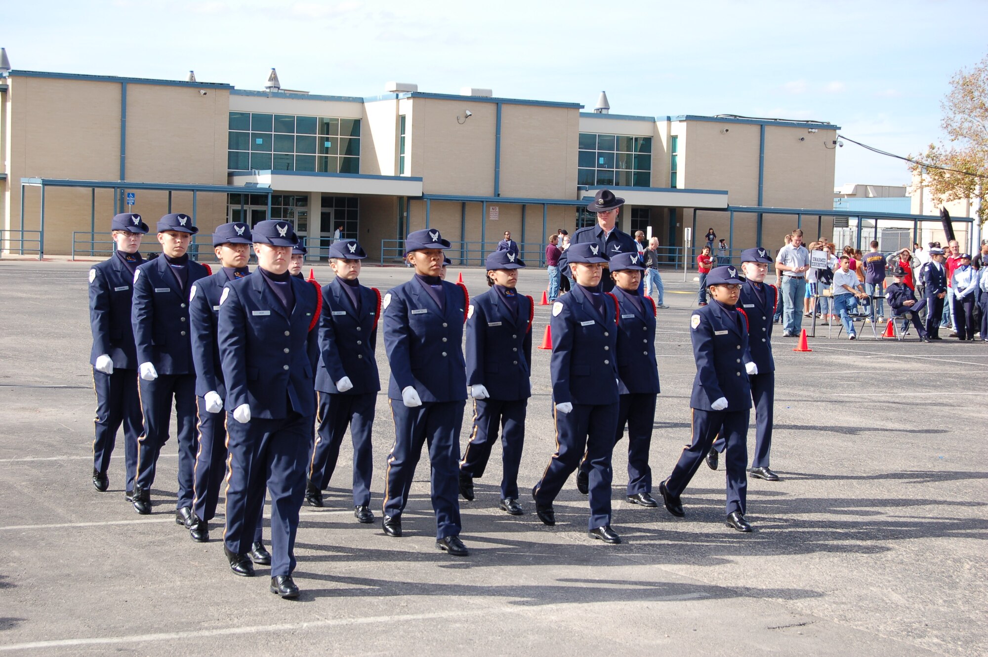 Members of the Klein Collins High School Air Force Junior Reserve Officer Training Corps in Texas prepare to participate in the 56th Inaugural Parade, which was held Tuesday. The 36 cadets who traveled to Washington, D.C., Jan. 16 were chosen by the Presidential Inaugural Committee among more than 1,300 group applications. The unit has won five consecutive first place honors for the best Air Force unit at the Coca-Cola American Legion sponsored drill meet in Montgomery, Ala. (Courtesy photo)