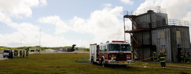 ANDERSEN AIR FORCE BASE, Guam - Team Andersen Fire and Emergency Services conduct joint training with fire department teams from the local villages of yigo, Astumbo and Guam International Air Port here Jan. 22.  The teams conducted training to improve interoperability as well as joint fire fighting tactics, techniques and procedures.  (U.S. Air Force photo by Airman 1st Class Courtney Witt)