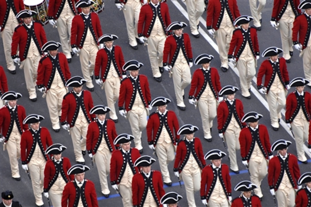 The U.S. Fife and Drum Corps marches down Pennsylvania Avenue during the 2009 presidential inaugural parade in Washington, D.C., Jan. 20, 2009.  More than 5,000 men and women in uniform are providing military ceremonial support to the presidential inauguration, a tradition dating back to George Washington's 1789 inauguration.