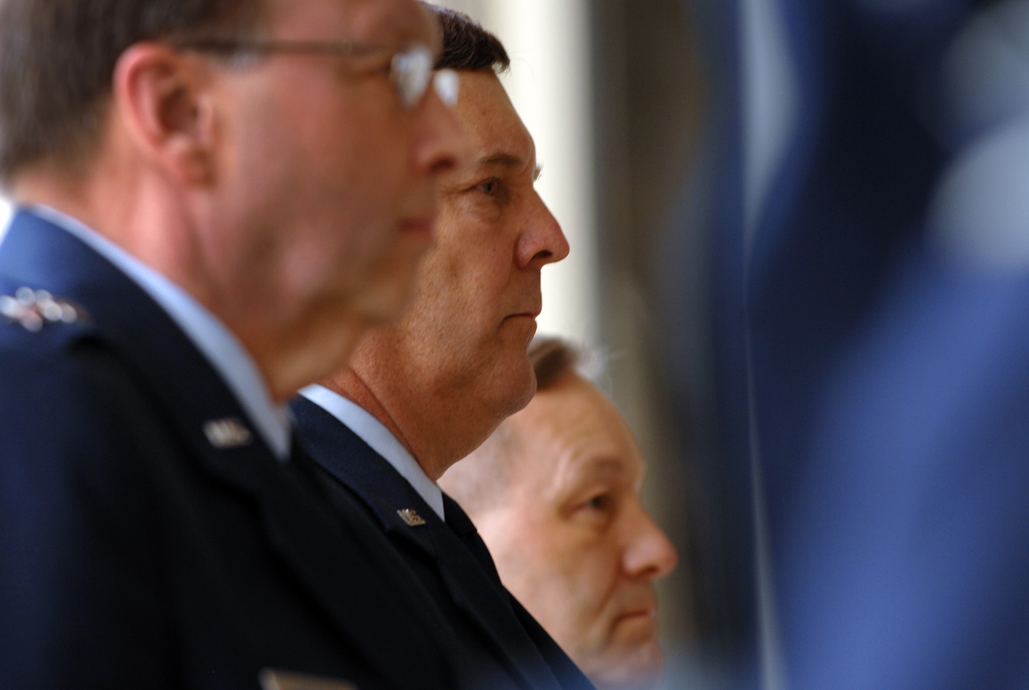 Lt Gen Charles Stenner, Chief of the Air Force Reserve, from the left, Maj Gen Robert Duignan, and Brig Gen Eric Crabtree stand at attention during the posting of Colors. Brigadier General Eric W. Crabtree assumed command of 4th Air Force from Major General Robert E. Duignan 25 January 2009 during Change of Command ceremonies at March Air Reserve Base, California. Retirement Ceremonies for Maj Gen Duignan followed the change of command. U.S. Air Force Photo by Master Sgt Rick Sforza (RELEASED)  