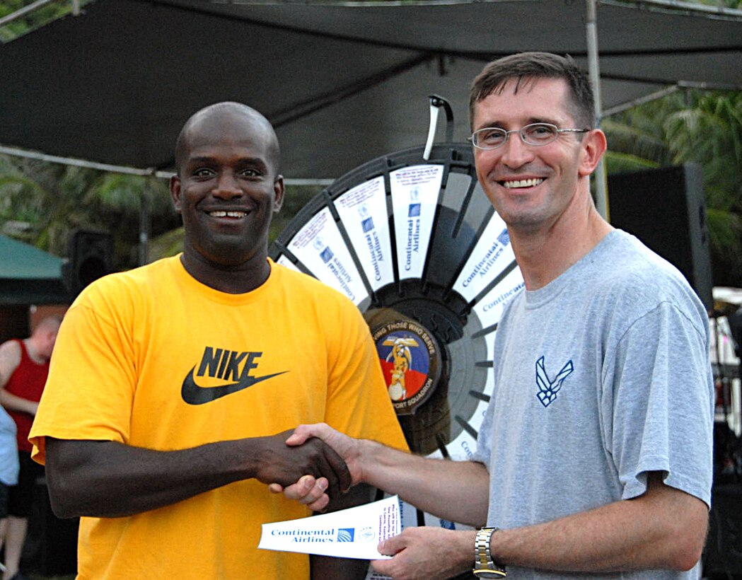 ANDERSEN AIR FORCE BASE, Guam -- Maj. John Lofton, 36th Expeditionary Maintenance Squadron commander accepts the grand prize of a trip for two to Cairnes, Australia from Lt. Col. Paul Nosek, 36th Force Support Squadron commander at the 36th FSS Customer Appreciation Picnic held at Tarague Beach Jan. 23 here. Major Lofton's ticket number was pulled from a raffle of 665 tickets bought at the event. (Courtesy Photo)