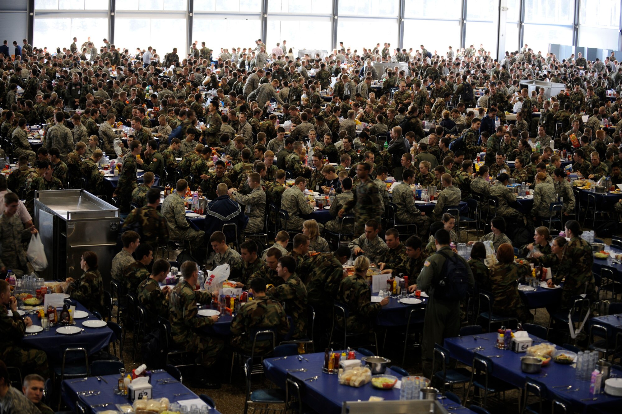 Cadets eat lunch Jan. 23 at Mitchell Hall Cadet Dining Facility at the U.S. Air Force Academy in Colorado Springs, Colo. The dining facility feeds approximately 4450 cadets and sits on 1.75 acres. (U.S Air Force photo/Staff Sgt. Desiree N. Palacios)