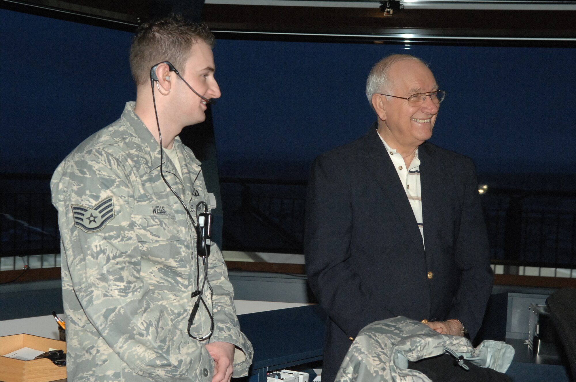 SPANGDAHLEM AIR BASE, Germany—Staff Sgt. Jesse Wells, 52nd Operations Support Squadron, briefs Sam Parish, 8th Chief Master Sgt. of the Air Force, as he tours the control tower  January 21, 2009.  Chief Parish spoke about the past, present, and future of the Air Force.  (U.S. Air Force photo by Airman 1st Class Nicholas Wilson)