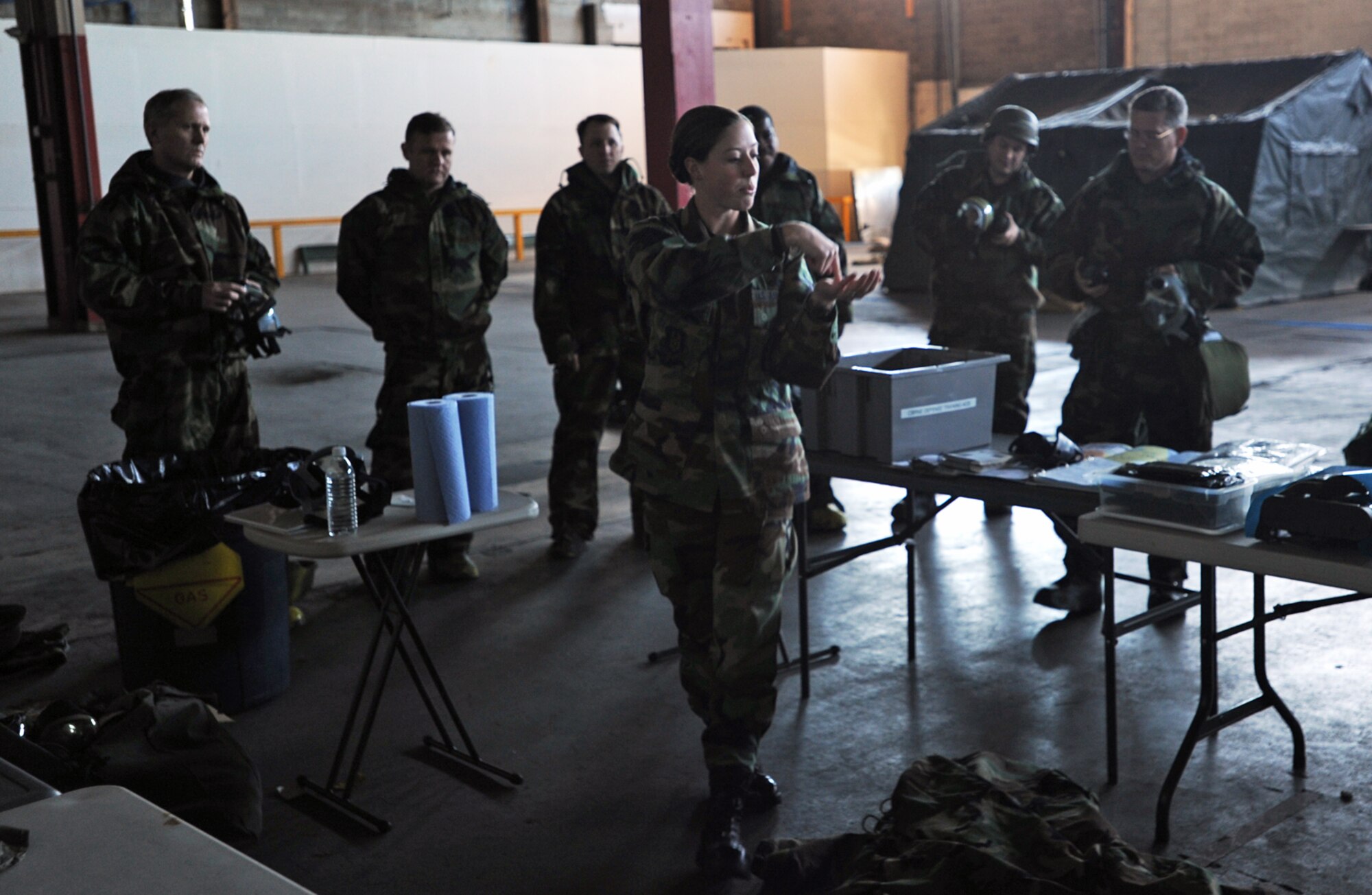 Staff Sgt. Megan Durkee conducts Chemical, Biological, Radiological, Nuclear and Explosives training during the 931st Air Refueling Group's unit training assembly in November. CBRNE is one of the many types of training to be available during a mass training event scheduled around the 931st April UTA. Sergeant Durkee is a readiness specialist assigned to the 931st Civil Engineer Squadron. (U.S. Air Force photo/Tech. Sgt. Jason Schaap) 