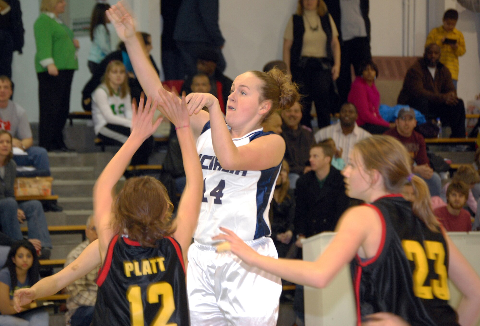 Stephanie Leiker, Incirlik Unit School Hodjas, goes for a jump-shot during a tournament game Jan.23. The IUS girls team went on to take first place in the tournament. (Photo/Col. Lawrence Gray)