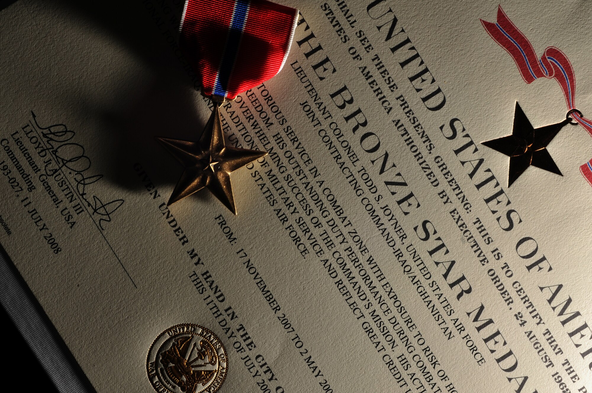 The U.S. Bronze Star Medal awaits presentation to Lt. Col. Todd Joyner, 700th Contracting Squadron commander, Jan. 22, 2009, at the Rhine Ordnance Barracks, Germany, for his exceptional meritorious service in a combat zone with exposure to risk of hostile action during operation Iraqi Freedom. (U.S. Air Force photo by Senior Airman Nathan Lipscomb)