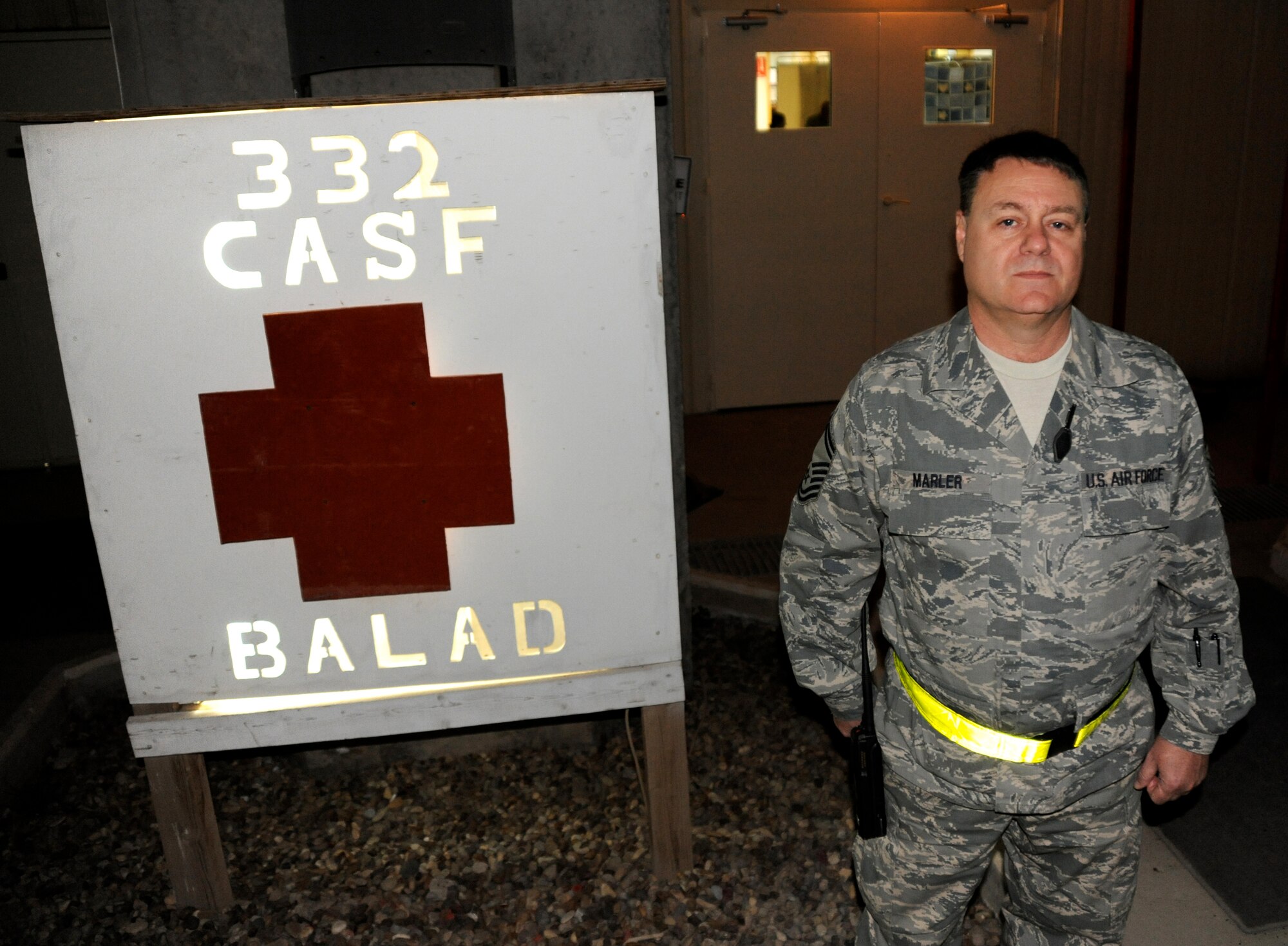 Senior Master Sgt. James Marler prepares for an overnight mission getting patients ready to fly on a C-17 aircraft Jan. 25.  He serves as a flight leader for the Contingency Aeromedical Staging Facility, where he oversees processing of all patients awaiting aeromedical evacuation.  He monitors patient care and follows up on all medical technician training.  Sergeant Marler is a native of Arcadia, Mo., and is deployed form the 932nd Medical Squadron, Scott Air Force Base, Ill.  (U.S. Air Force photo/Maj. Stan Paregien)