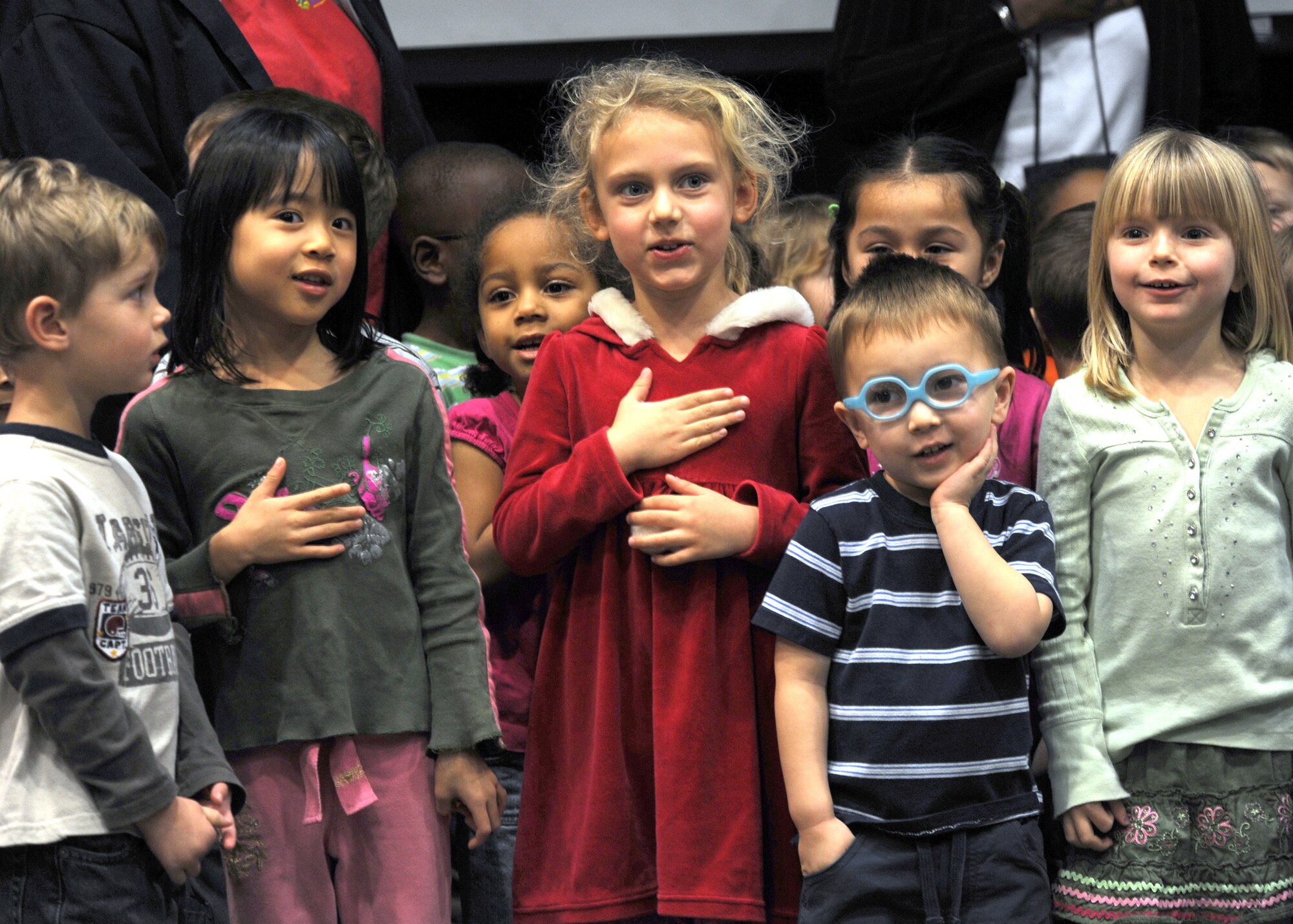 Children from the Los Angeles Air Force Base Child Development Center sing the National Anthem during the Martin Luther King, Jr. Luncheon, Jan. 21. The luncheon was one of many activities held Jan. 20 and 21 at Los Angeles Air Force Base to honor the slain civil rights leader. (Photo by Atiba S. Copeland)