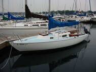 Aerospace Testing Alliance (ATA) Construction Manager John Dotson’s 1961 Pearson Electrica “A.M. Express” in a boat slip in the Chicago Harbor before Dotson brought the boat to Tennessee. ATA is the support contractor for AEDC. (Photo provided).