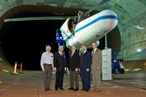 A group of U.S. Army and NASA officials visited NFAC Jan. 13 to see the NASA/Army UH-60 Individual Blade Control test currently being conducted in the 40-by-80-foot wind tunnel. Pictured from left to right, Mark Betzina, NFAC deputy director; M. E. Rhett Flater, executive director of American Helicopter Society; Charles W. Hughes, director of Rotorcraft Engineering with Boeing Helicopters; Phillip W. Hodges, associate director for Aviation and Missile Systems, Aviation and Missile Research Development and Engineering Center (AMRDEC), U.S. Army; Barry R. Lakinsmith, acting director of Aeroflightdynamics Directorate, AMRDEC, U.S. Army. (Air Force photo)