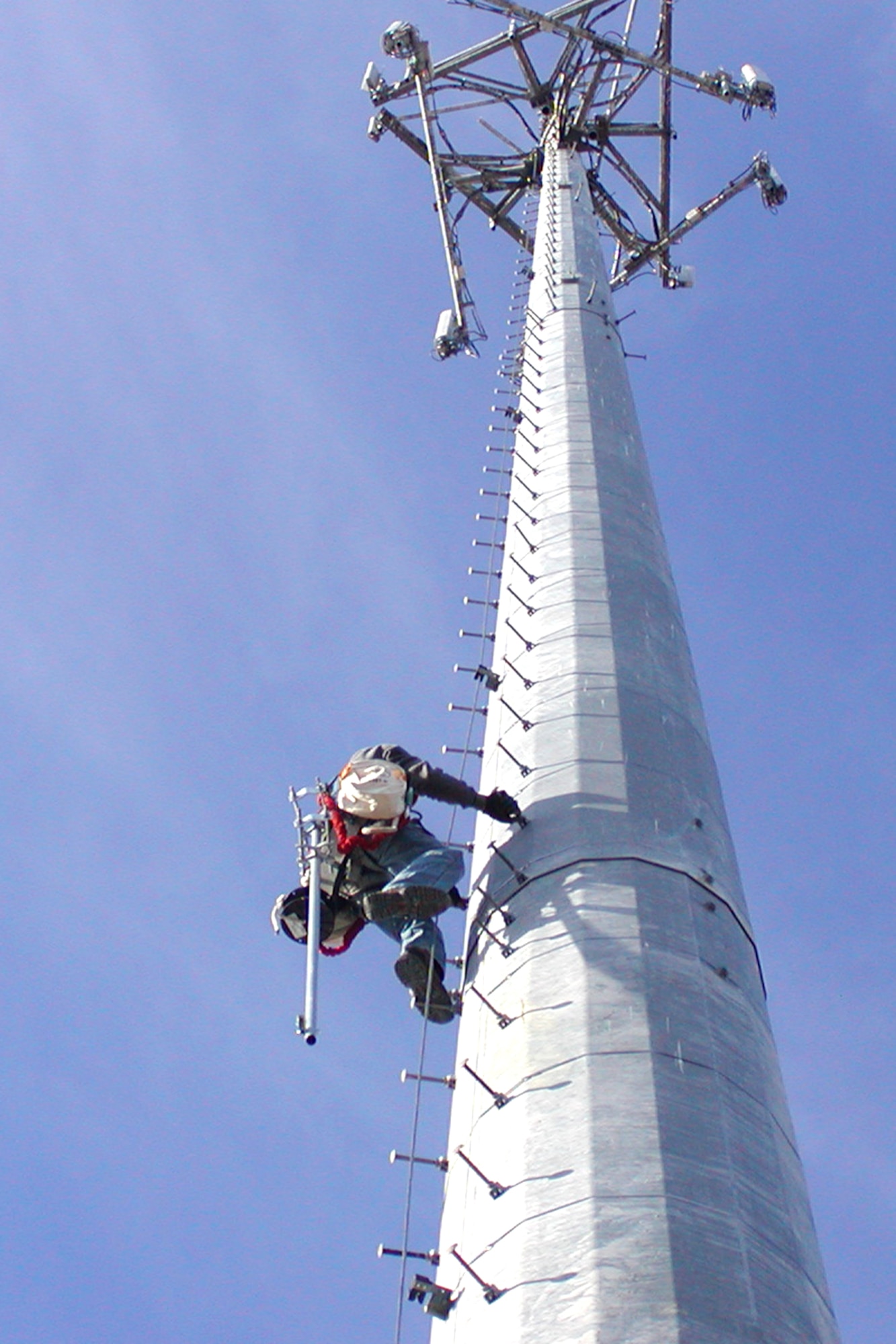 VALPARAISO, Fla. – A worker climbs to the top a cell phone tower Nov. 21, 2008, to place a turkey vulture effigy. The U.S. Department of Agriculture Wildlife Services and 96th Civil Engineer Group Environmental Management Natural Resources Branch, known as Jackson Guard, had the effigy hung upside down to scare away the nearly 100 vultures that were roosting there. (U.S. Air Force courtesy photo)