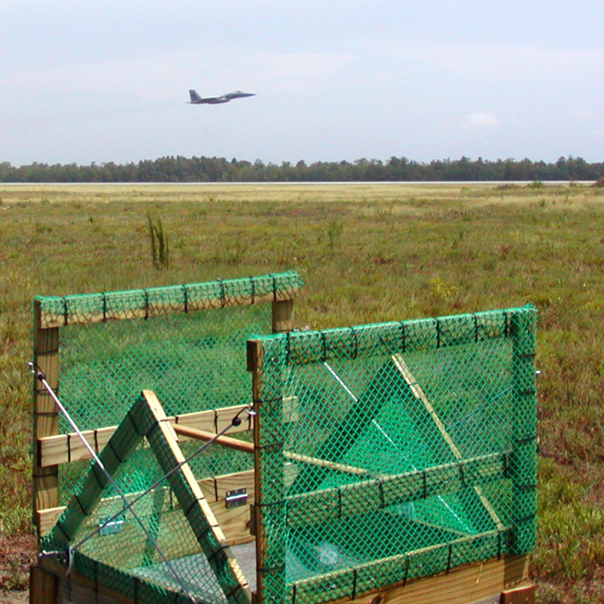 EGLIN AIR FORCE BASE, Fla. – An F-15 takes off over a runway, not far from where a hawk trap was set. Eglin’s Bird and Wildlife Aircraft Strike Hazard program officials work to eliminate hazards from the airfield. (U.S. Air Force courtesy photo)