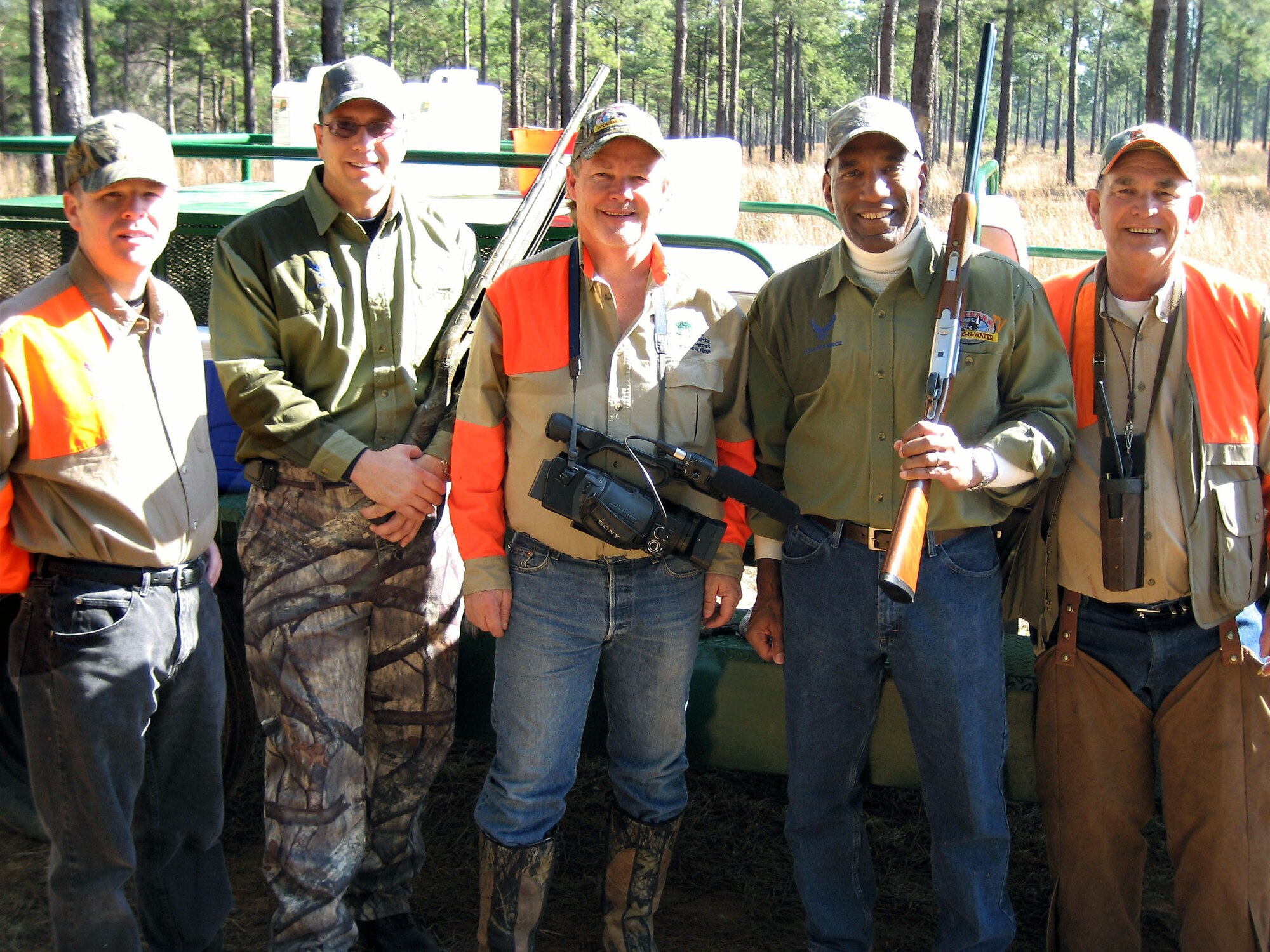 From left, Lt. Col. Richard Van Hook, Tech. Sgt. Thad Smith, Dennis Lewis, Brig. Gen. A.J. Stewart and guide Benny Taylor prepare to go hunting Jan. 22 in Georgia. Air Force Recruiting Service presented the American Spirit Award, the service's top civic award, to program host Mr. Lewis and Southern Woods-N-Water TV during a ceremony in Perry, Ga., Jan. 21. General Stewart is the commander for AFRS. Colonel Van Hook and Sergeant Smith are assigned to the 336th Recruiting Squadron. (U.S. Air Force photo/Master Sgt. Robert Dixon) 
