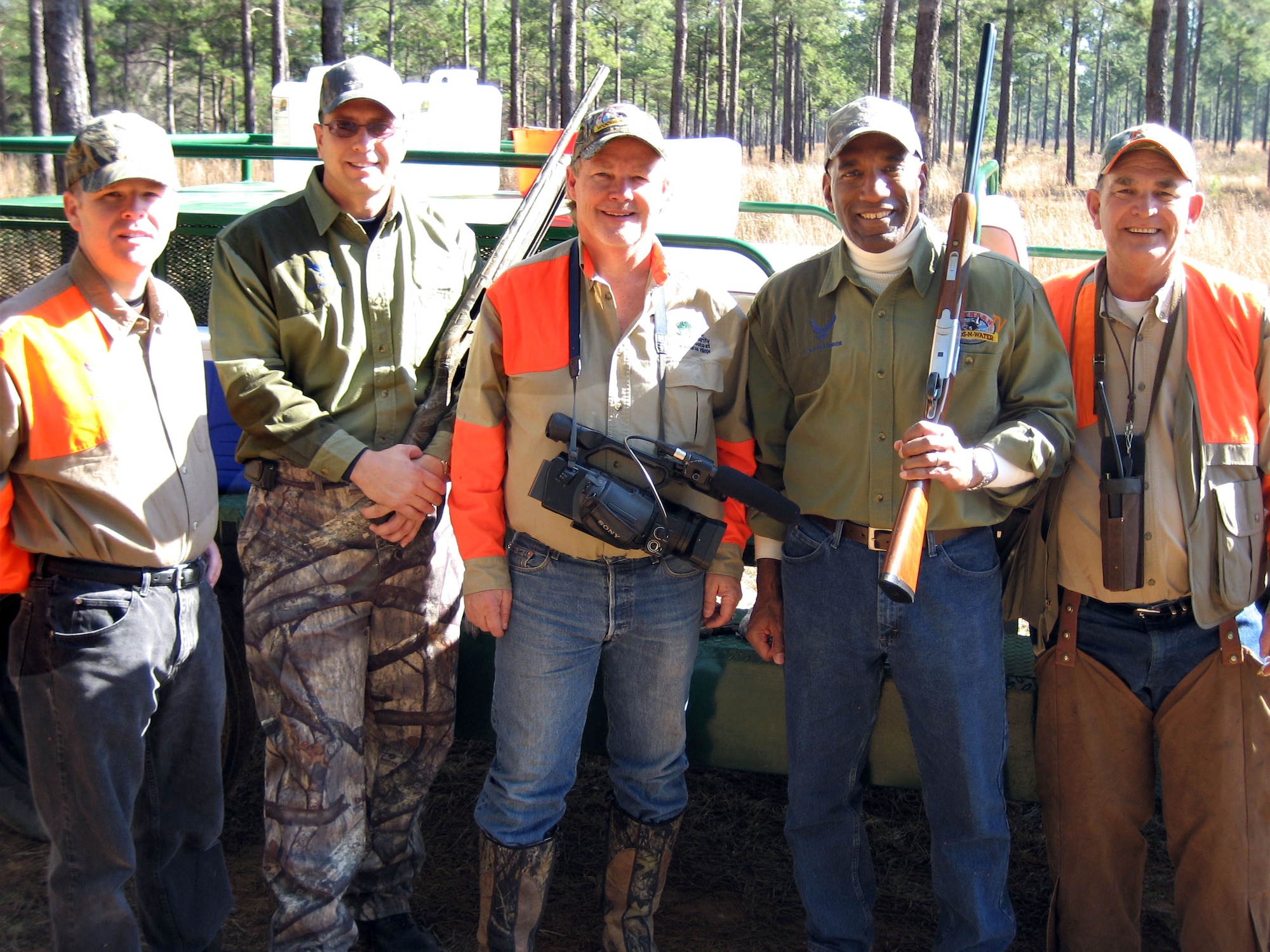 From left, Lt. Col. Richard Van Hook, Tech. Sgt. Thad Smith, Dennis Lewis, Brig. Gen. A.J. Stewart and guide Benny Taylor prepare to go hunting Jan. 22 in Georgia. Air Force Recruiting Service presented the American Spirit Award, the service's top civic award, to program host Mr. Lewis and Southern Woods-N-Water TV during a ceremony in Perry, Ga., Jan. 21. General Stewart is the commander for AFRS. Colonel Van Hook and Sergeant Smith are assigned to the 336th Recruiting Squadron. (U.S. Air Force photo/Master Sgt. Robert Dixon)
