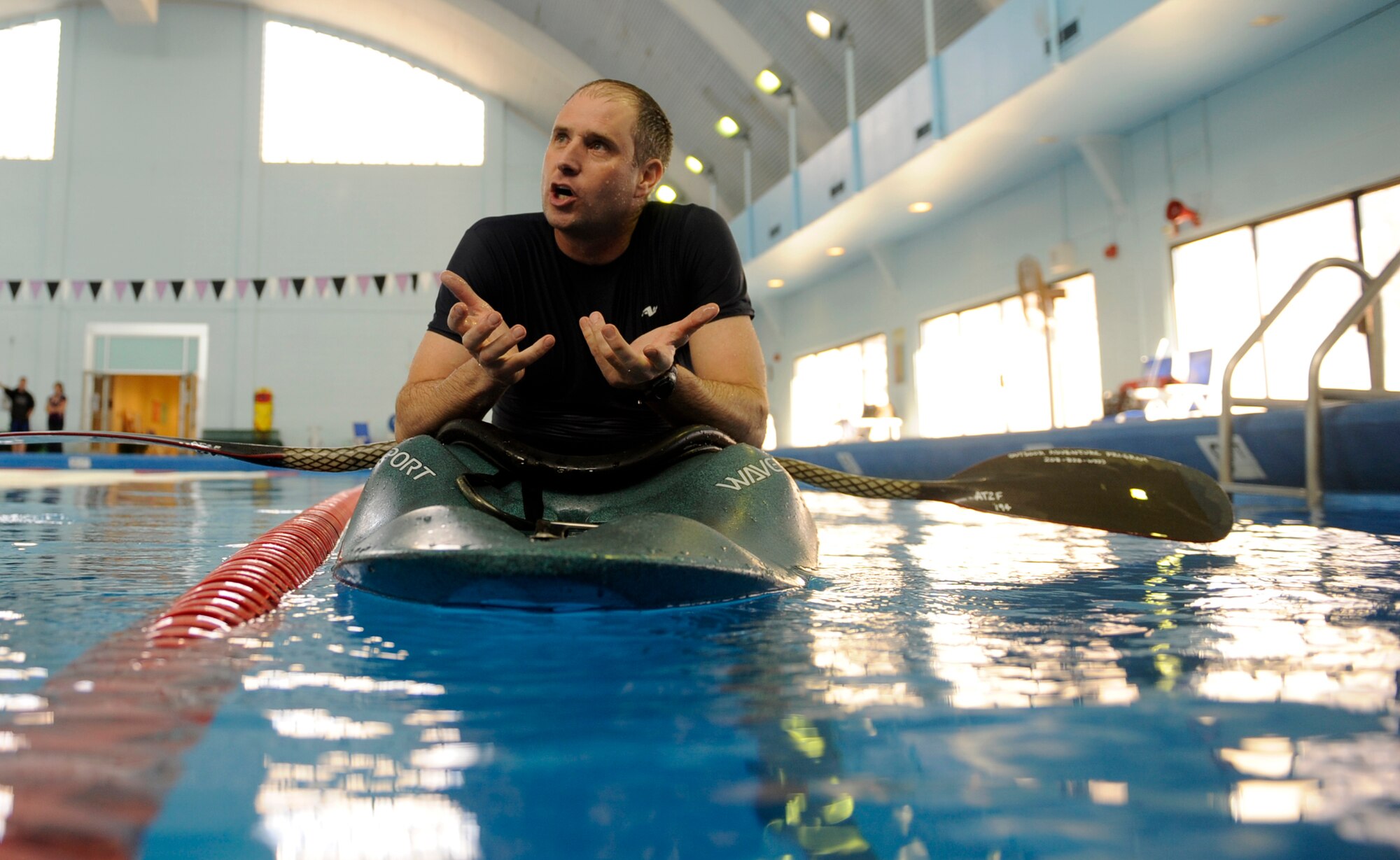 MOUNTAIN HOME AIR FORCE BASE, Idaho - Mike Hurt, 366th Services Squadron Outdoor Adventure Program coordinator, gives a briefing to First-Term Airmen Center students Jan. 1 on basic kayaking and what his program teaches people about kayaking. OAP coordinates activates throughout the year for members of the base. (U.S. Air Force photo/ Airman 1st Class Stephany Miller)