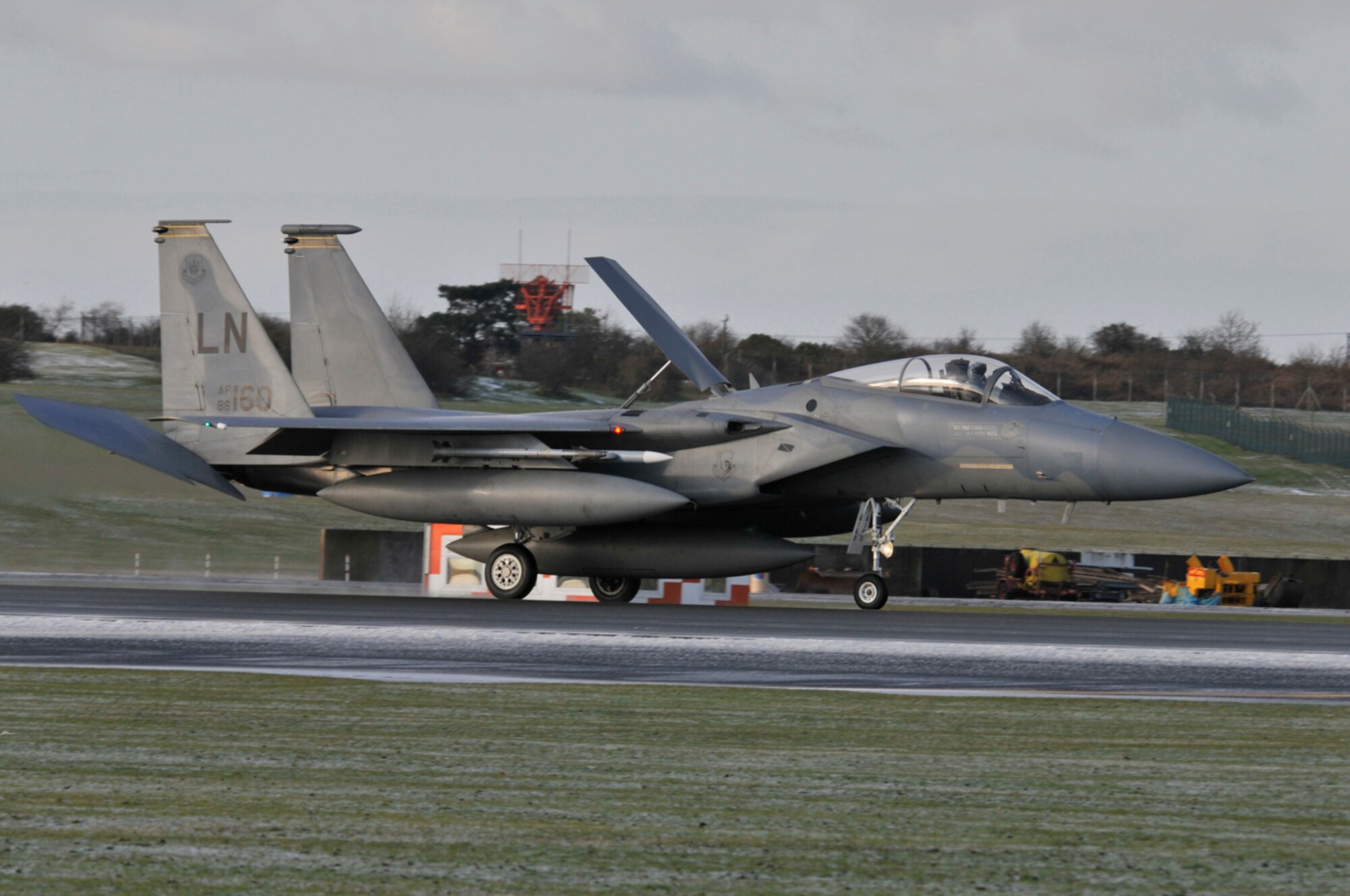 An F-15 Eagle from the 493rd Fighter Squadron returns home from a three-month deployment to Lithuania Jan. 5 at RAF Lakenheath, England. The 493rd FS was participating in the NATO Baltic Air Policing mission, supporting Lithuania, Latvia and Estonia. (U.S. Air Force photo by Airman 1st Class Perry Aston)