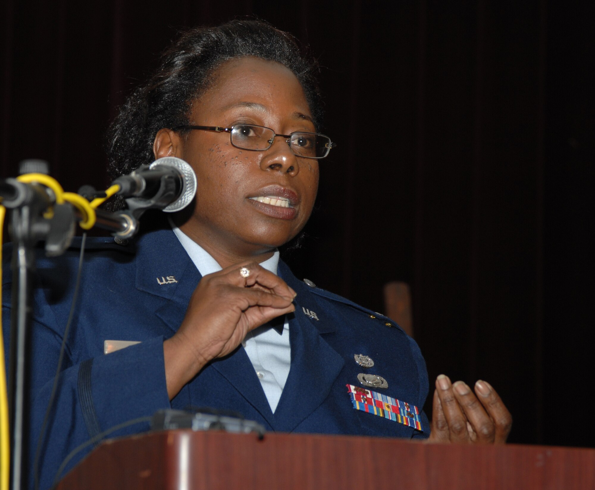 Lt. Col. Michelle Raven, 39th Air Base Wing staff judge advocate, delivers a speech on Martin Luther King Jr. during the MLK Observance Luncheon, Jan. 20, at Incirlik Air Base, Turkey. The speech honored his work towards equality and highlighted the significance of the inauguration of President Obama on the same day.