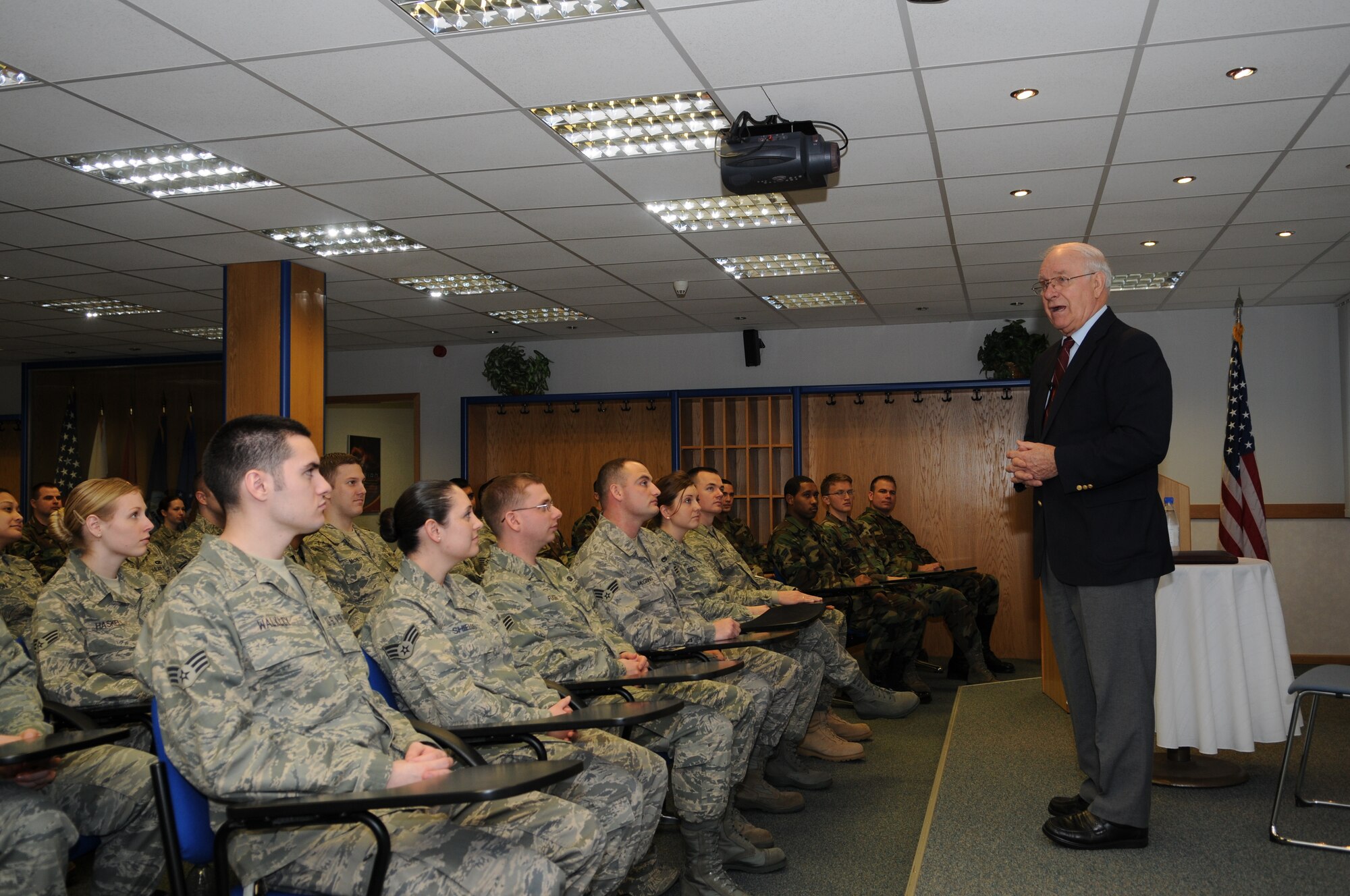 Retired Chief Master Sgt. of the Air Force Sam E. Parish visits students in the Airman Leadership School at Kapaun Air Station, Germany, Jan. 23 2009. (U.S. Air Force photo by Airman 1st Class Caleb Pierce) 