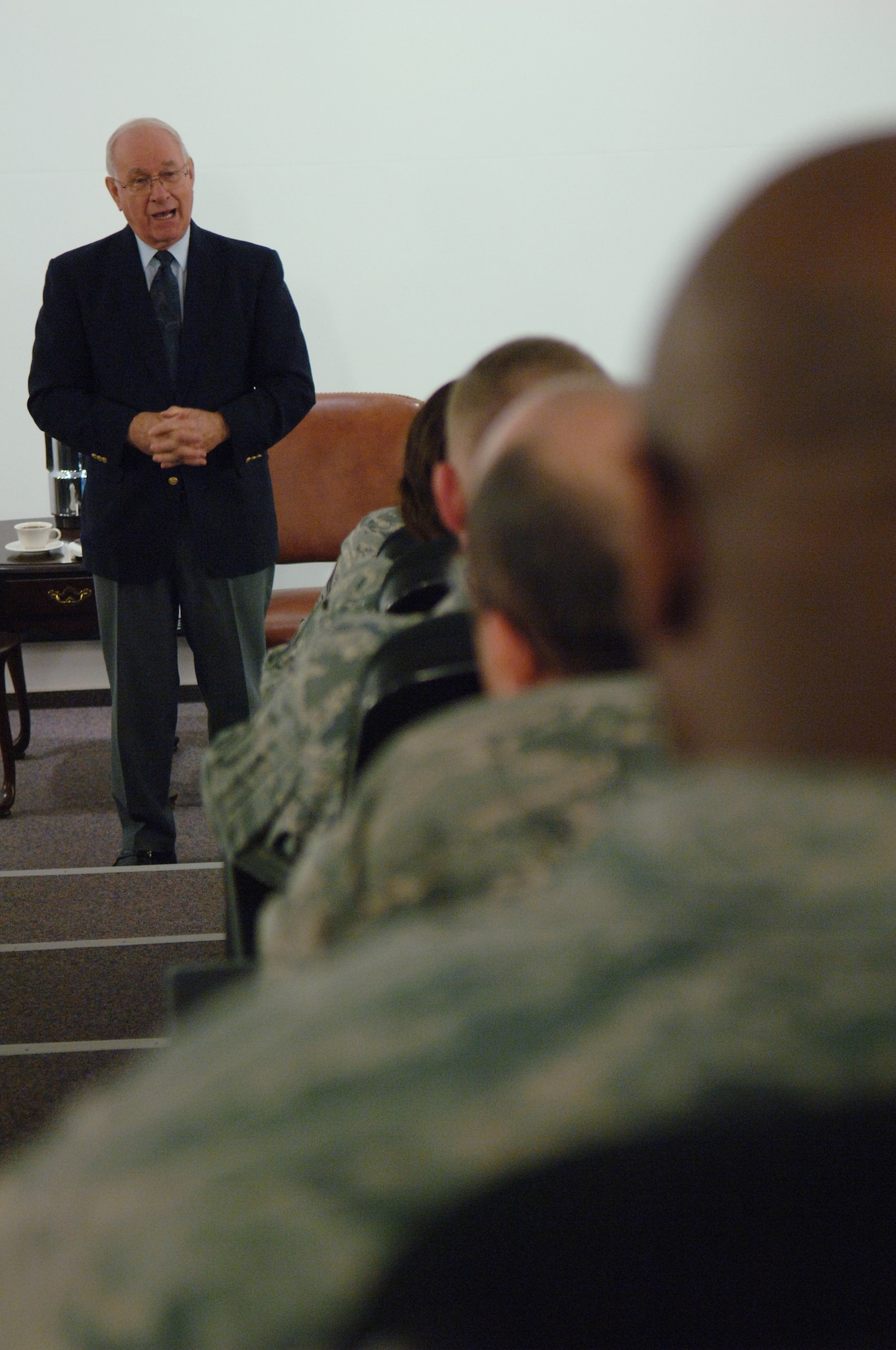 Retired Chief Master Sgt. of the Air Force Sam E. Parish talks to chief master sergeant selects during the U.S. Air Forces in Europe 2009 Chiefs Orientation at Ramstein Air Base Jan. 22, 2009. (U.S. Air Force photo by Senior Airman Levi Riendeau)