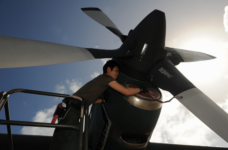 ANDERSEN AIR FORCE BASE, Guam -- A member of the Japan Air Self Defense Force performs post flight maintenance on a JASDF C-130 Hercules after its arrival here for participation in Exercise Cope North 09-1 Jan. 27.  More than 60 JASDF members arrived in three C-130s to participate in Exercise Cope North 09-1, a regularly scheduled exercise scheduled for Feb. 2-13.  Cope North is designed to enhance U.S. and Japanese air operations in defense of Japan.
(U.S. Air Force photo by Master Sgt. Kevin J. Gruenwald)

